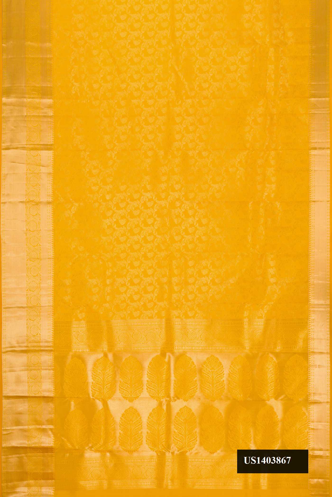 Yellow Dual Tone Kanchipuram Silk Saree with Zari Brocade on the body and Zari Border.  displayed on a mannequin