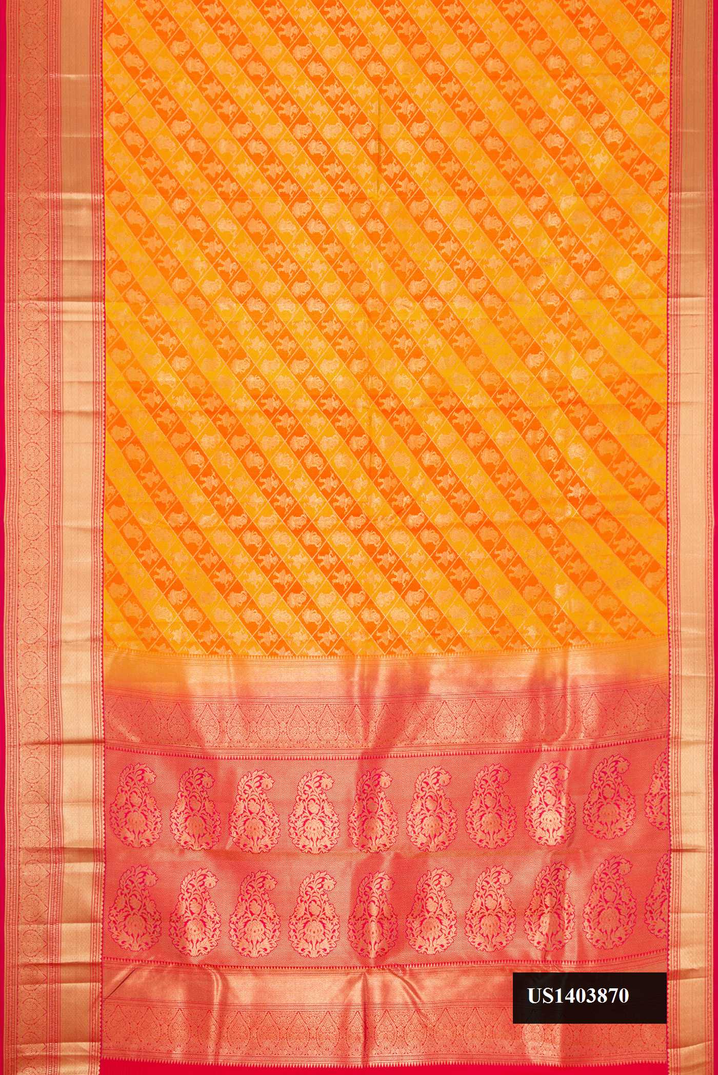 Orange Dual Tone Kanchipuram Silk Saree with Zari Brocade on the body and Zari Border.  displayed on a mannequin