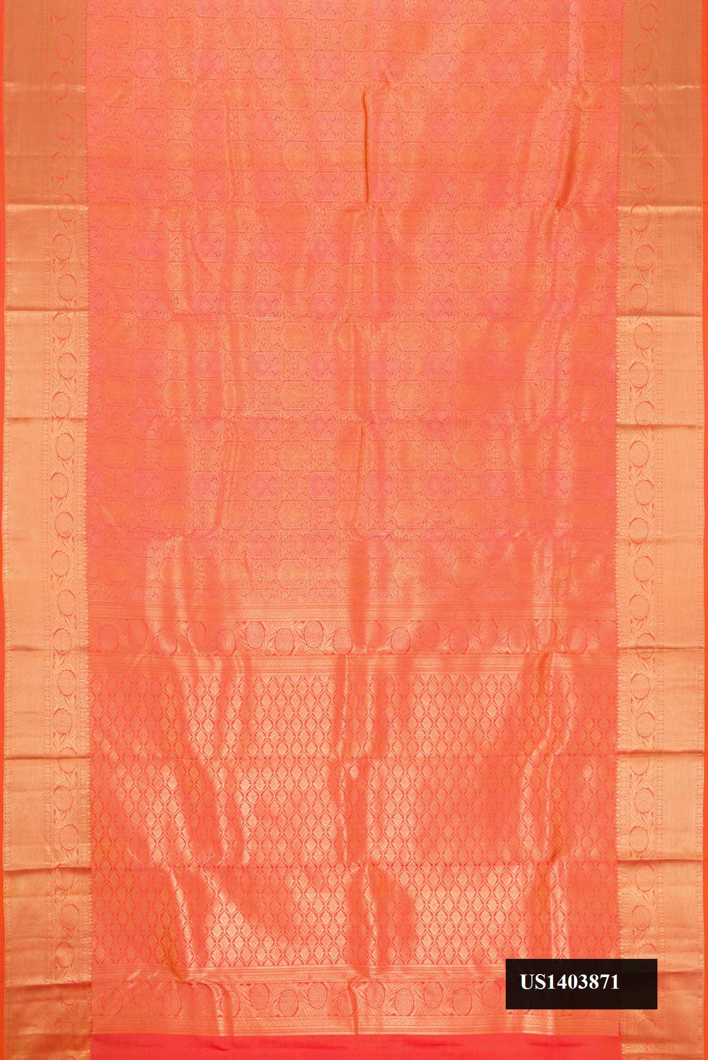 Orange Dual Tone Kanchipuram Silk Saree with Zari Brocade on the body and Zari Border.  displayed on a mannequin