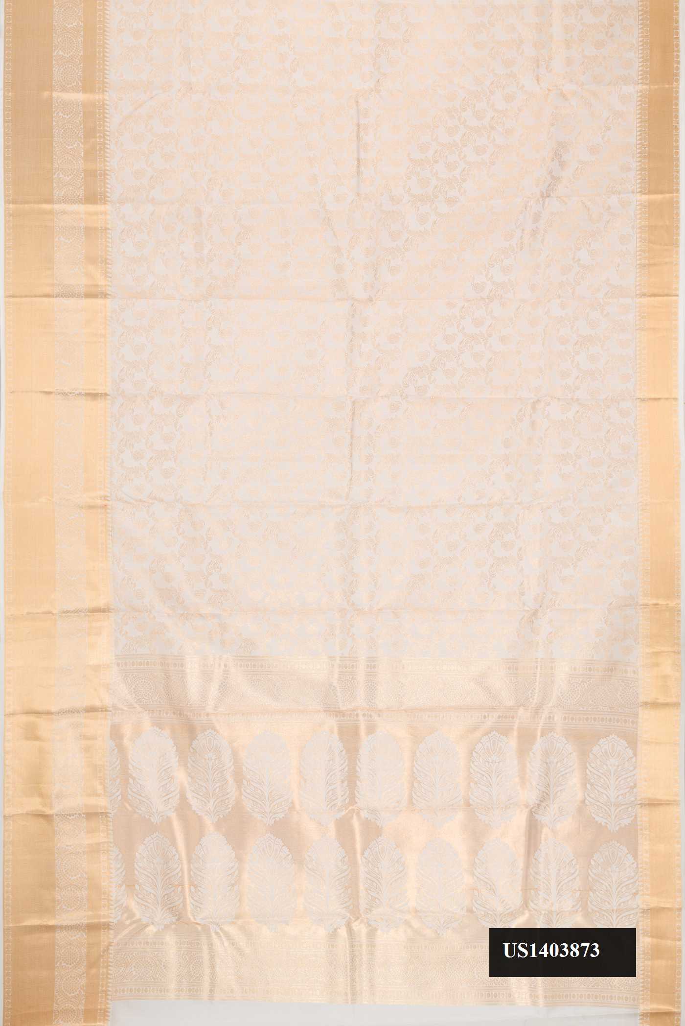 Off White Dual Tone Kanchipuram Silk Saree with Zari Brocade on the body and Zari Border.  displayed on a mannequin