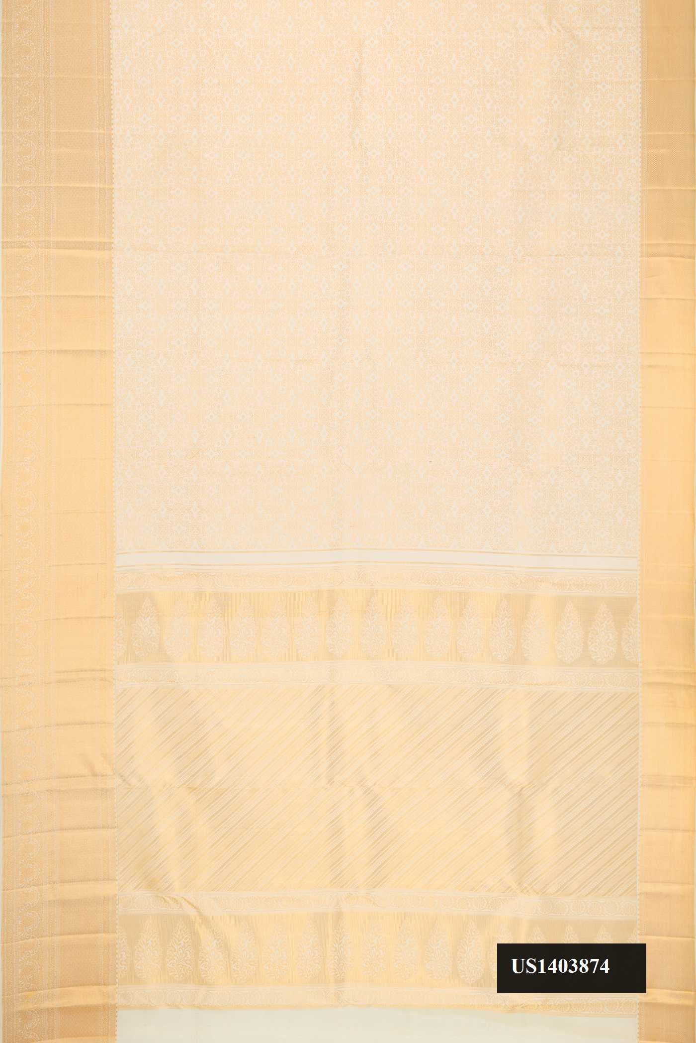 Off White Dual Tone Kanchipuram Silk Saree with Zari Brocade on the body and Zari Border.  displayed on a mannequin
