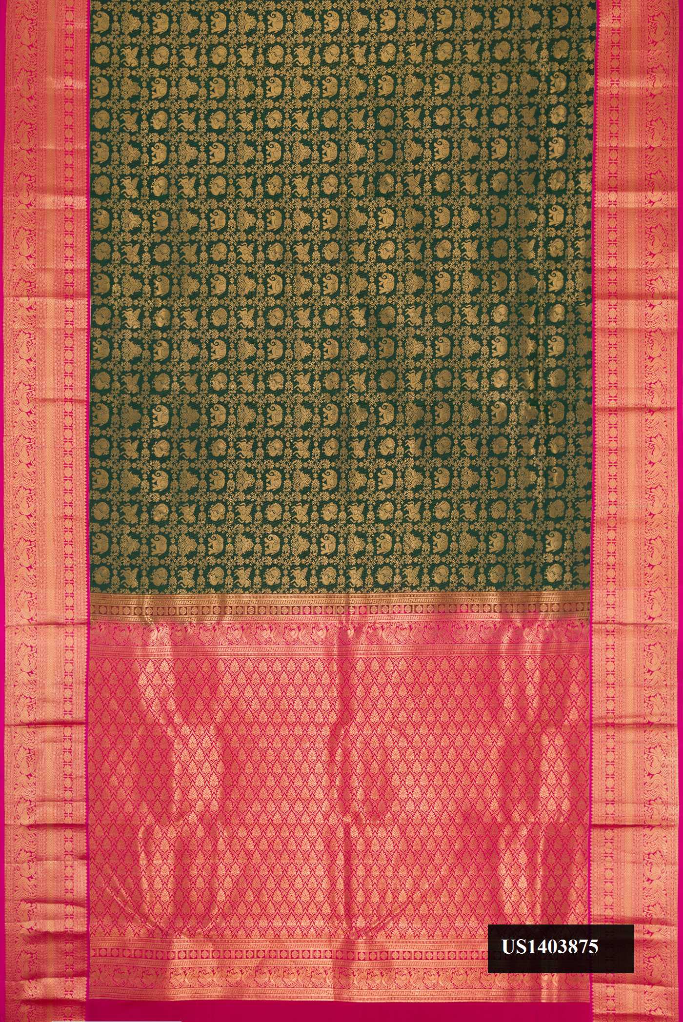 Bottle Green Dual Tone Kanchipuram Silk Saree with Zari Brocade on the body and Zari Border.  displayed on a mannequin