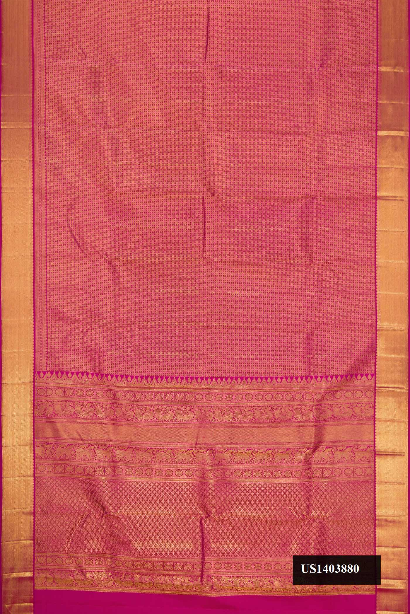 Magenta Dual Tone Kanchipuram Silk Saree with Zari Brocade on the body and Zari Border.  displayed on a mannequin