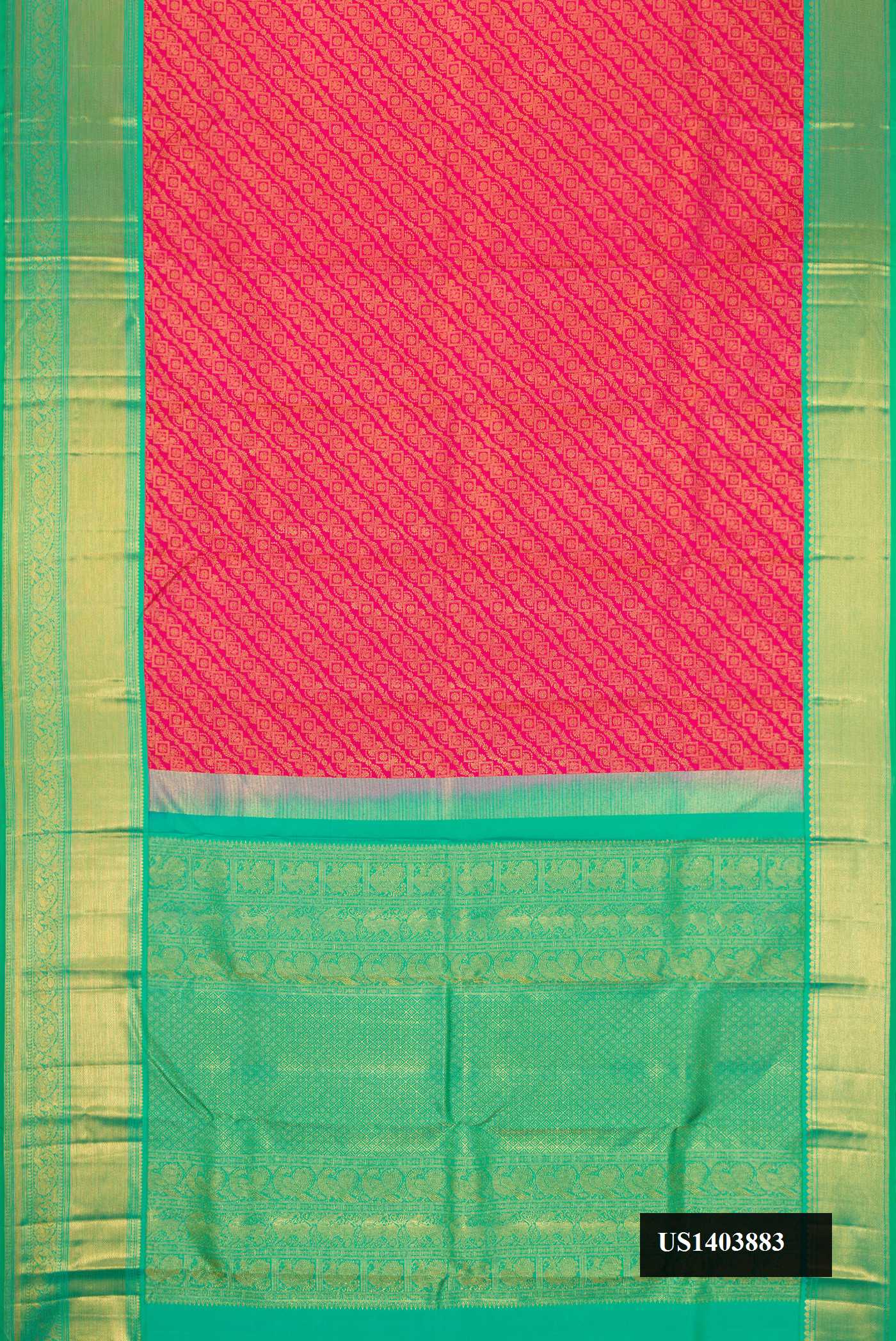 Pink Dual Tone Kanchipuram Silk Saree with Zari Brocade on the body and Zari Border.  displayed on a mannequin