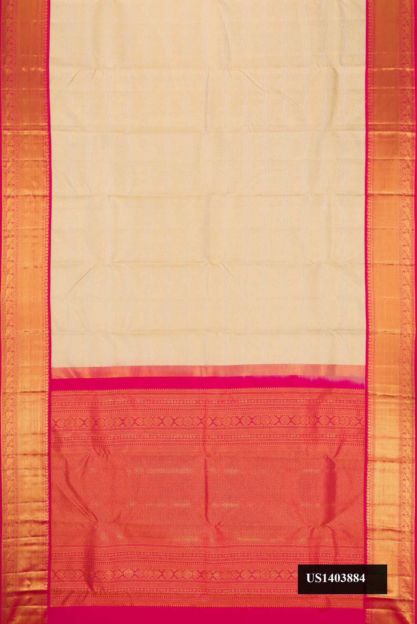 Off White Dual Tone Kanchipuram Silk Saree with Zari Brocade on the body and Zari Border.  displayed on a mannequin