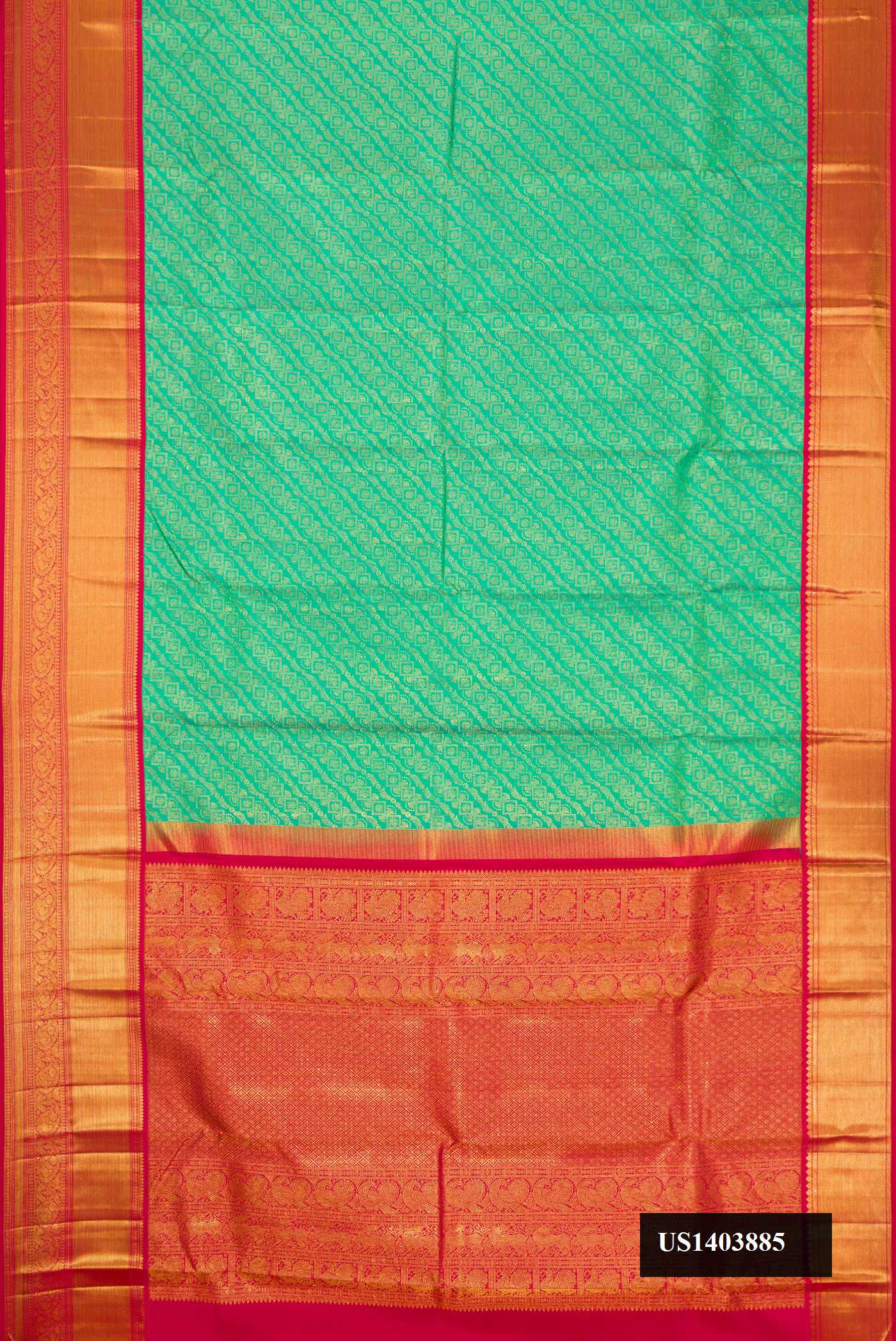 Sea Green Dual Tone Kanchipuram Silk Saree with Zari Brocade on the body and Zari Border.  displayed on a mannequin