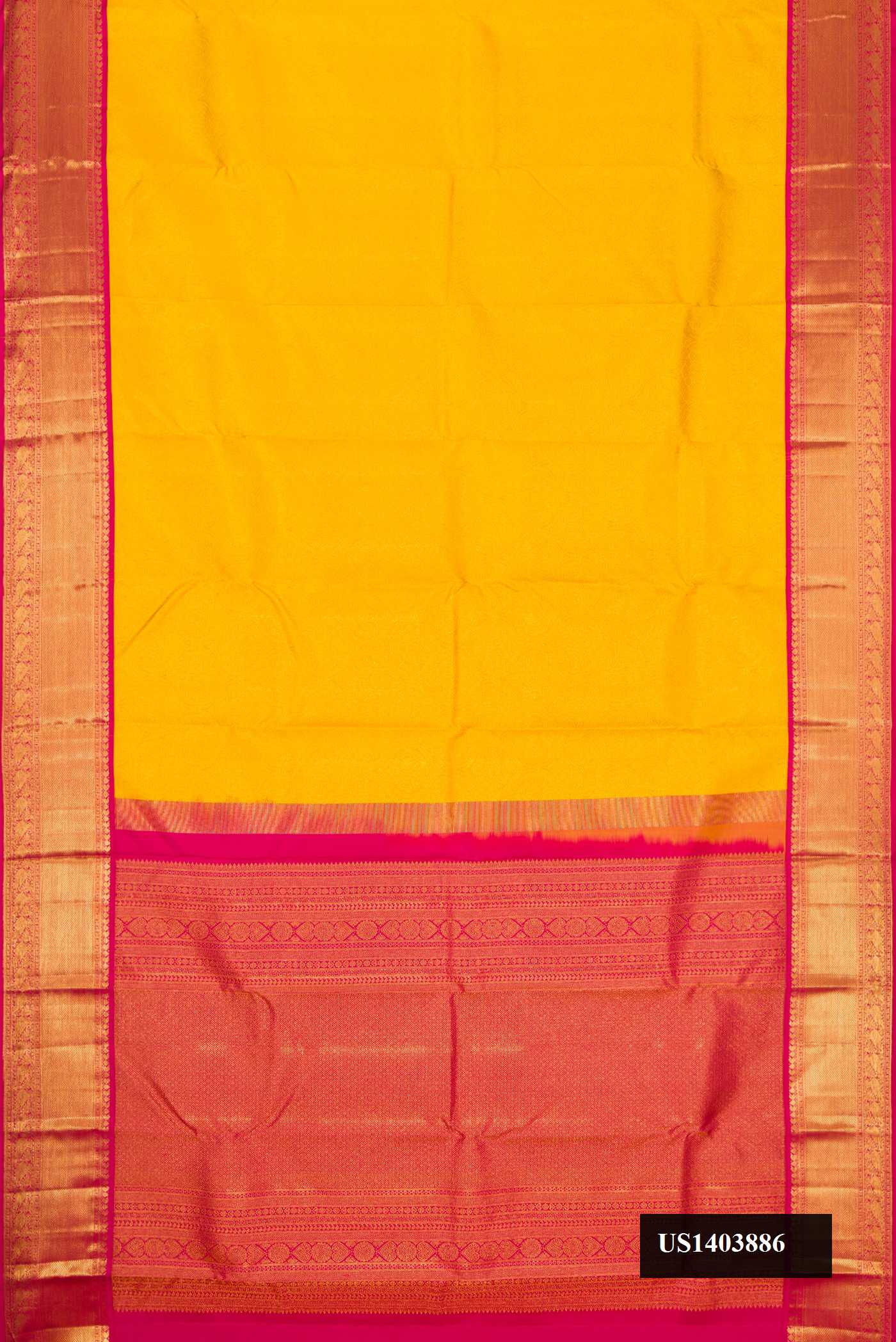 Yellow Dual Tone Kanchipuram Silk Saree with Zari Brocade on the body and Zari Border.  displayed on a mannequin