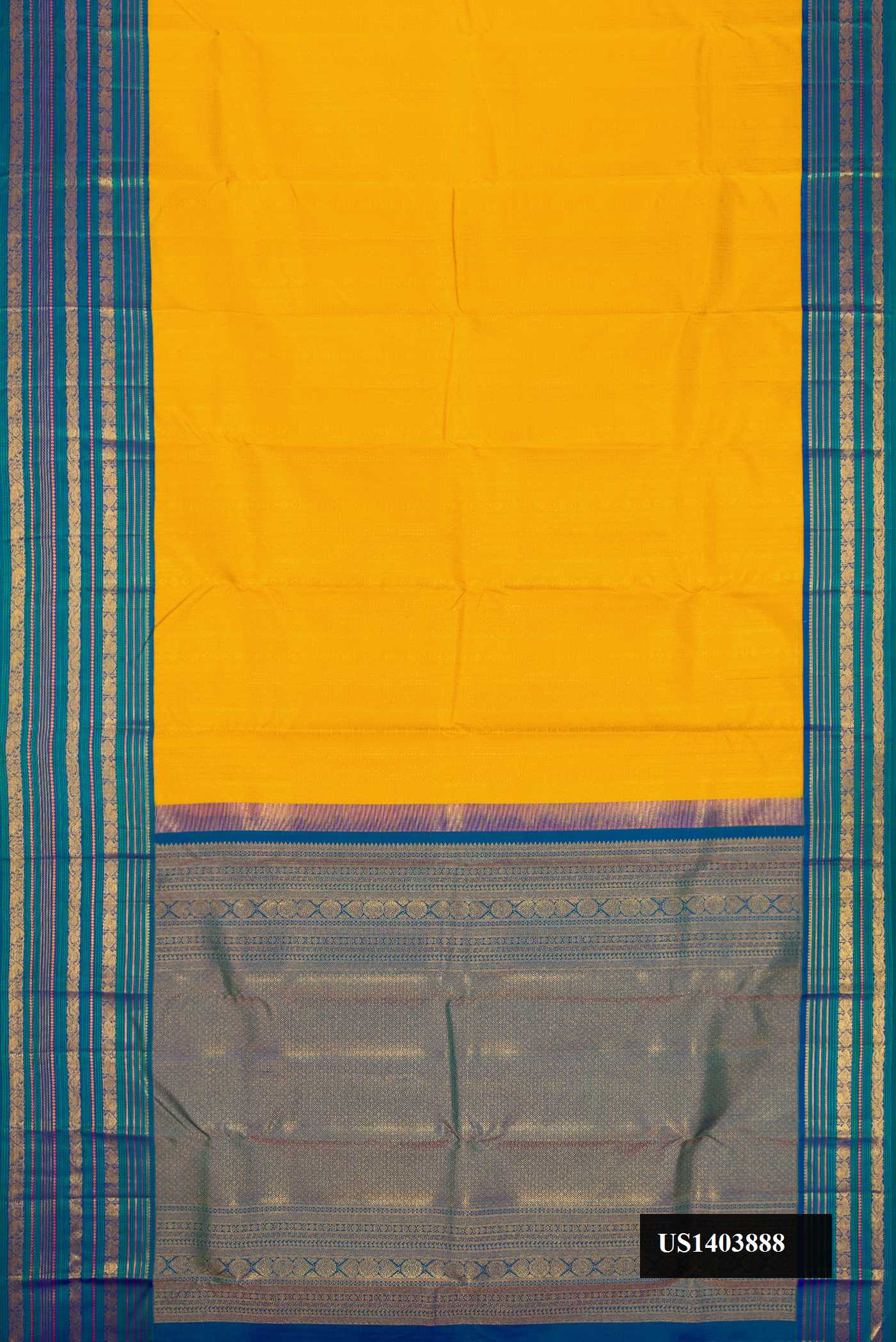 Mustard Dual Tone Kanchipuram Silk Saree with Zari Brocade on the body and Zari Border.  displayed on a mannequin