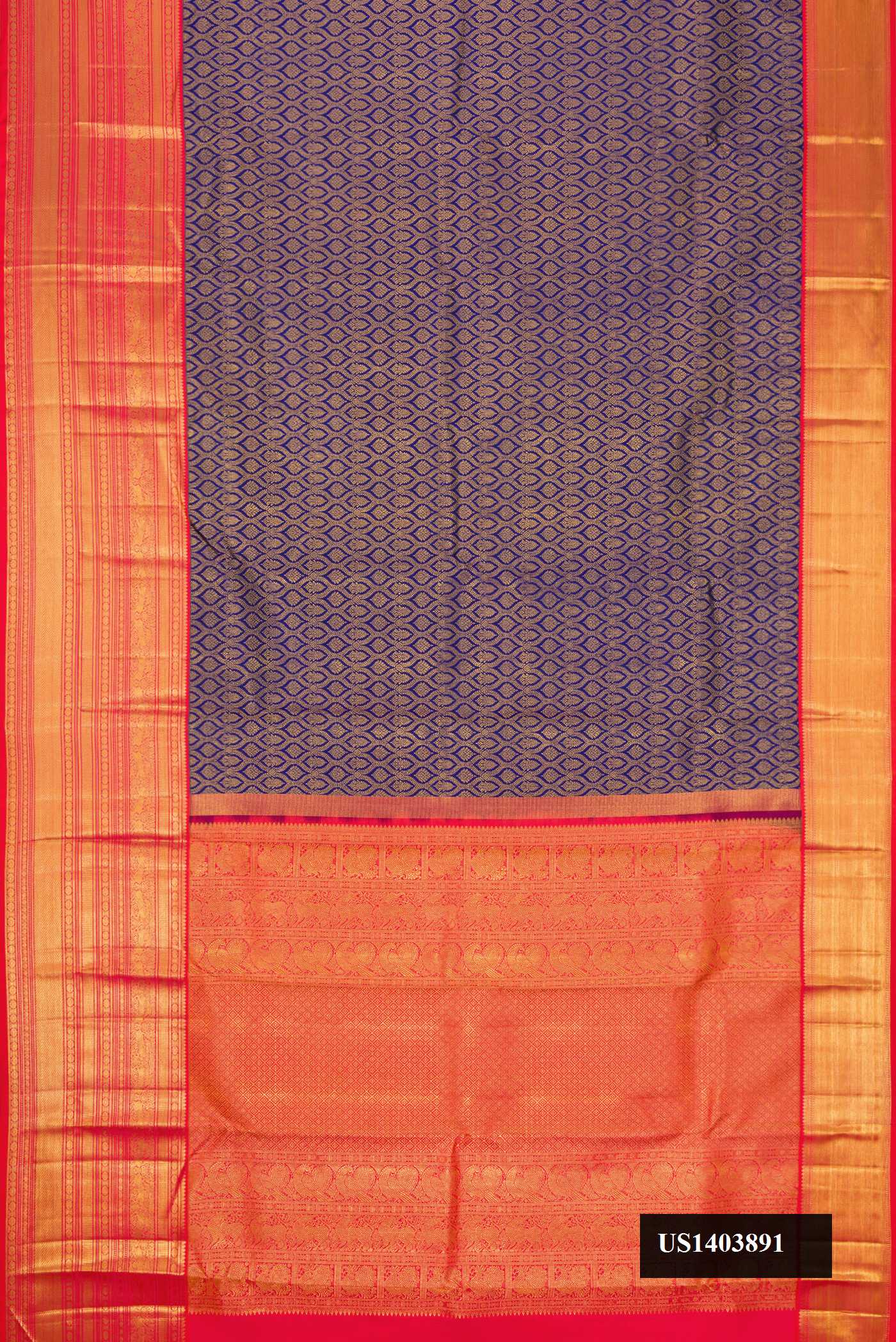 Royal Blue Dual Tone Kanchipuram Silk Saree with Zari Brocade on the body and Zari Border.  displayed on a mannequin