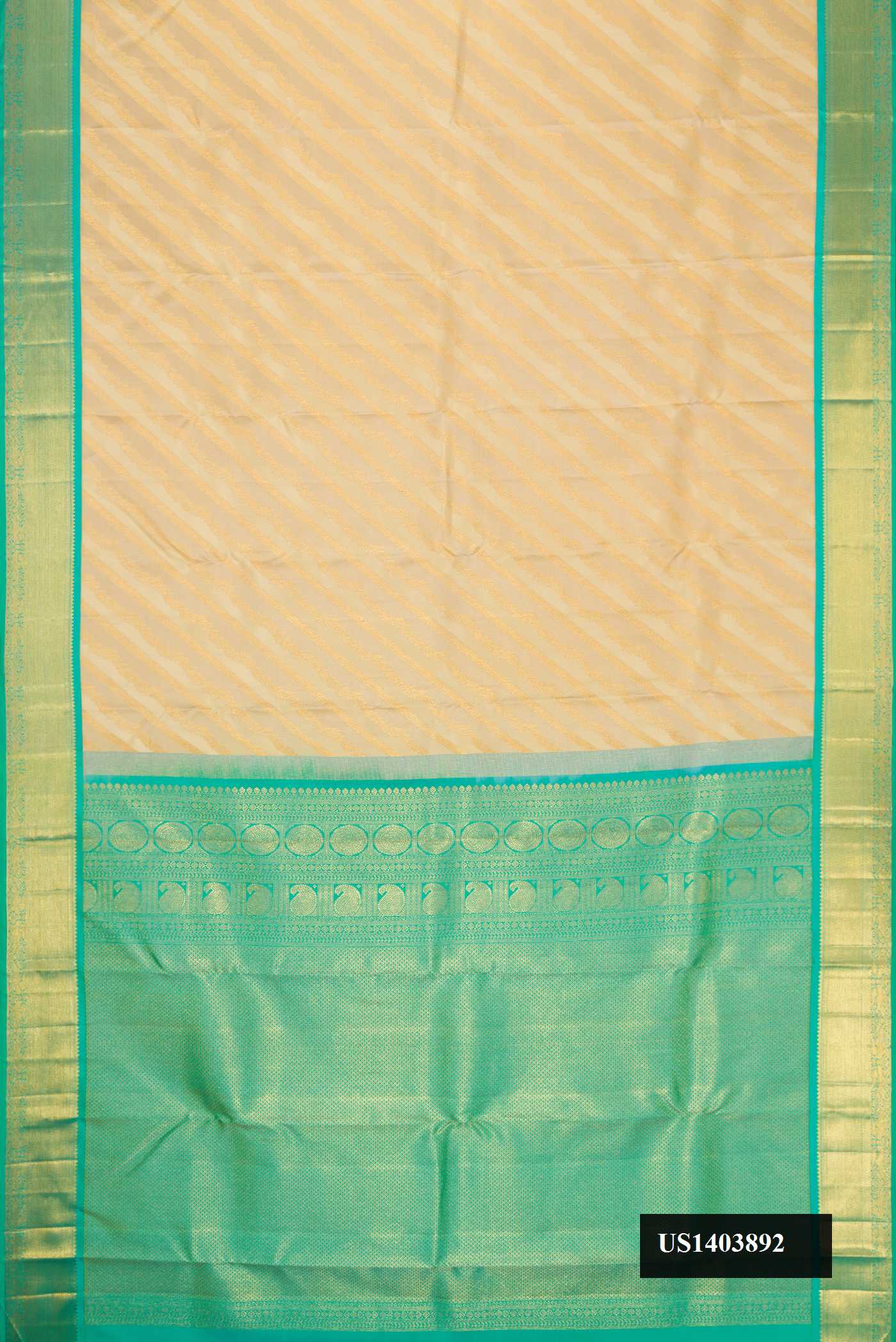 Sandal Dual Tone Kanchipuram Silk Saree with Zari Brocade on the body and Zari Border.  displayed on a mannequin
