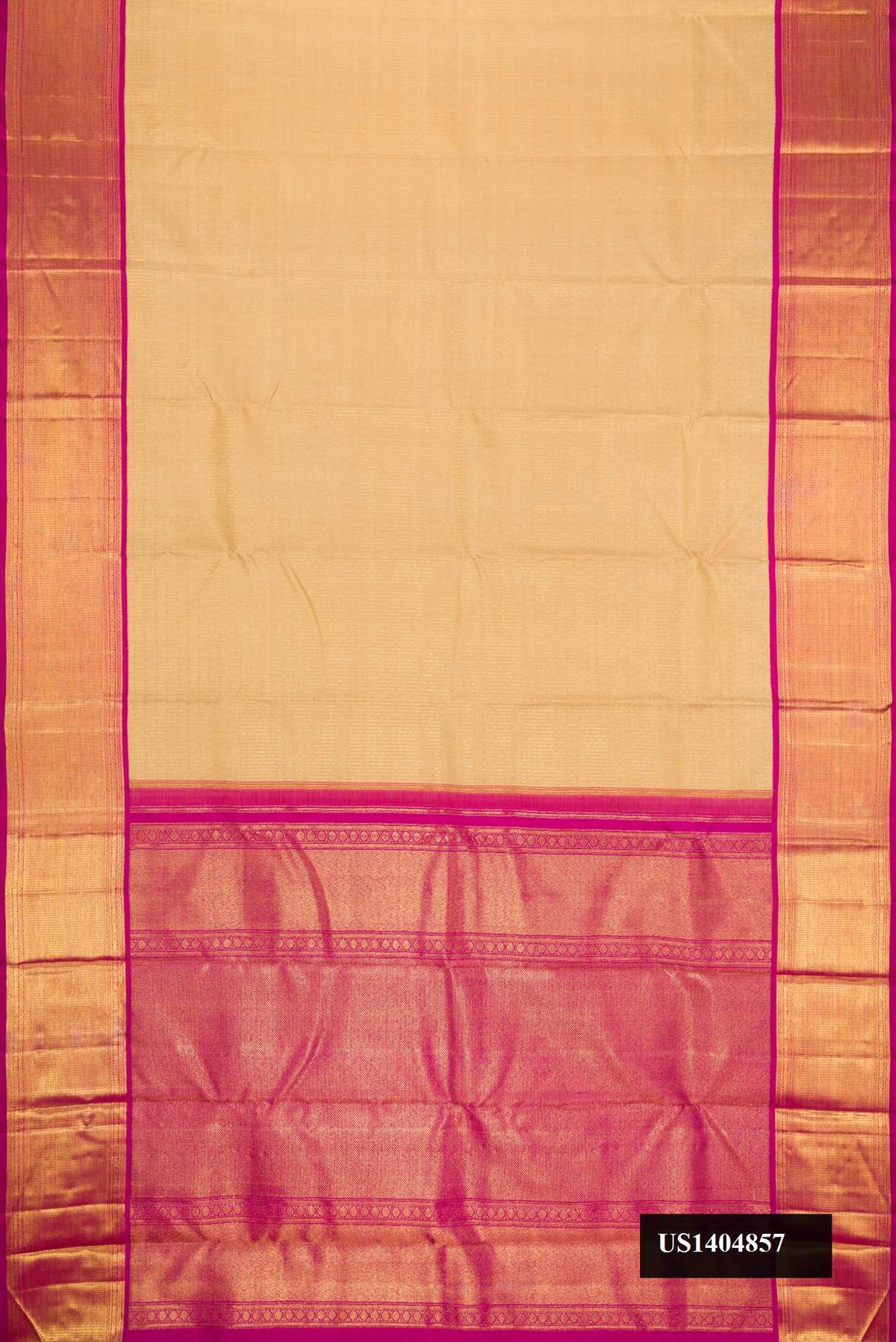 Dark Beige Dual Tone Kanchipuram Silk Saree with Zari Brocade on the body and Zari Border.  displayed on a mannequin