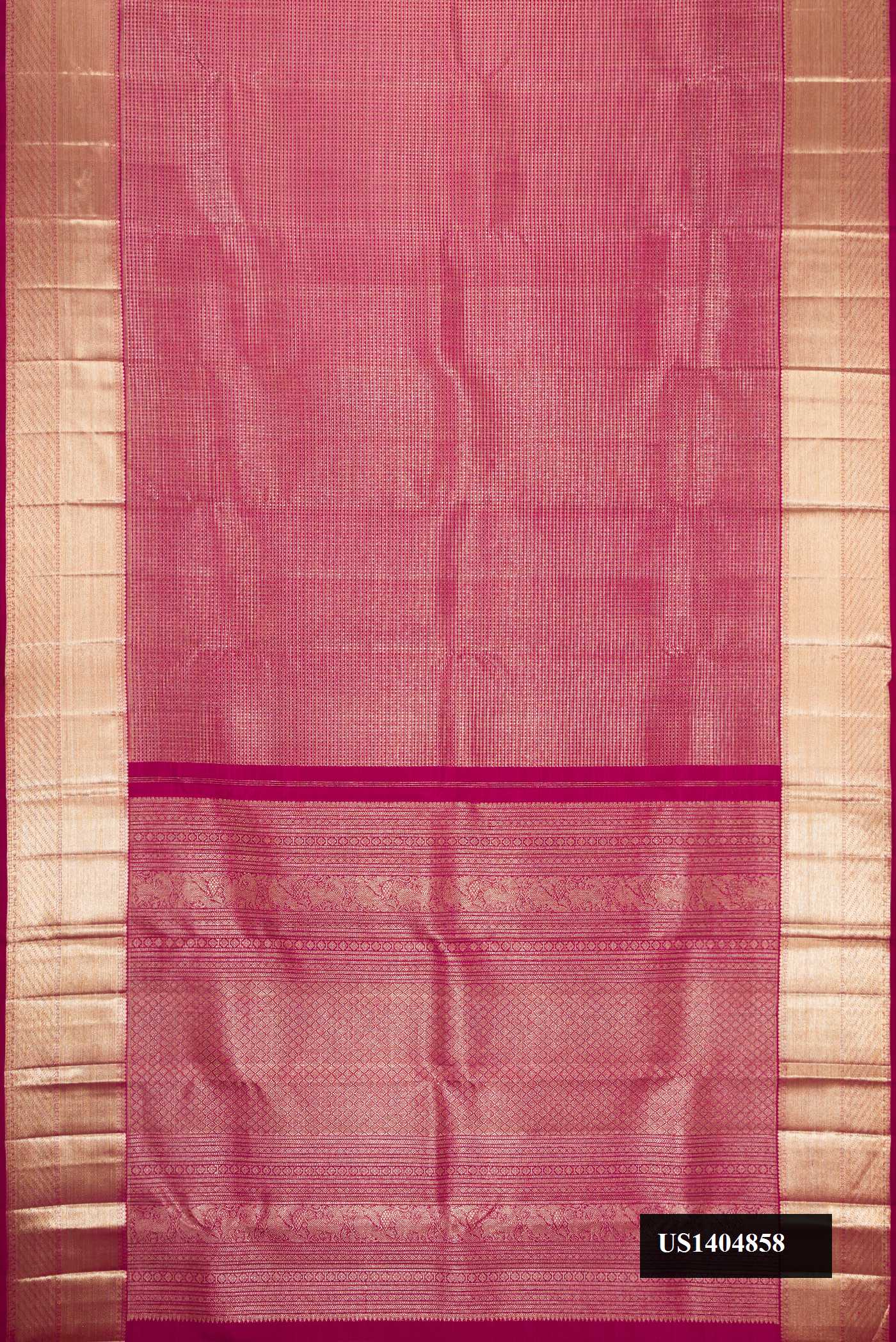 Magenta Dual Tone Kanchipuram Silk Saree with Zari Brocade on the body and Zari Border.  displayed on a mannequin