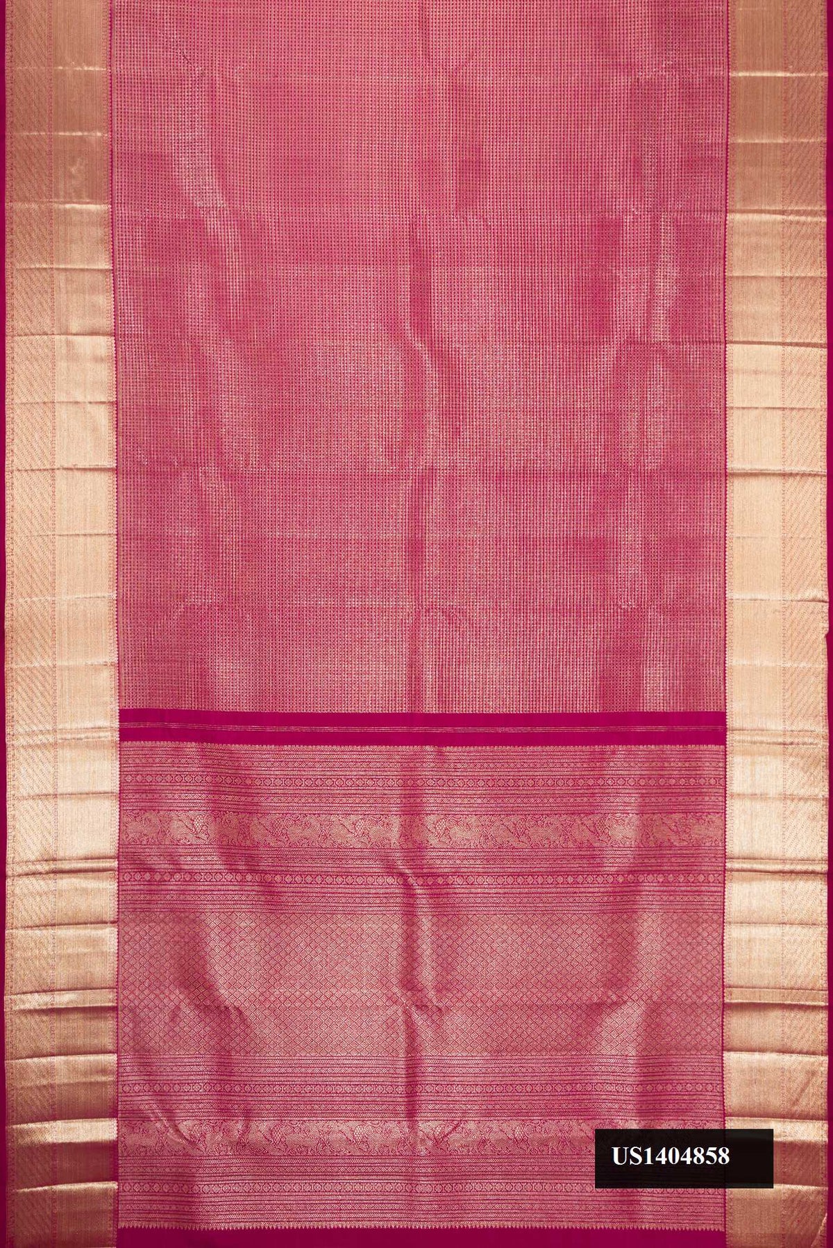 Magenta Dual Tone Kanchipuram Silk Saree with Zari Brocade on the body and Zari Border.  displayed on a mannequin