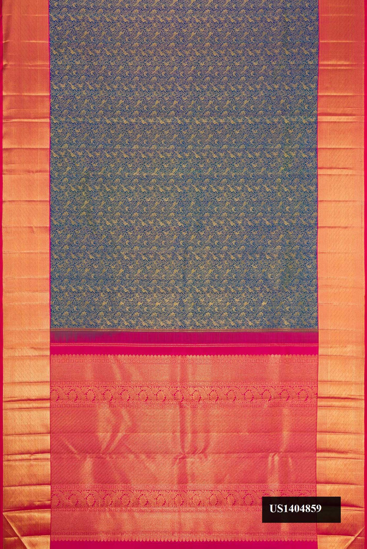 Peacock Blue Dual Tone Kanchipuram Silk Saree with Zari Brocade on the body and Zari Border.  displayed on a mannequin