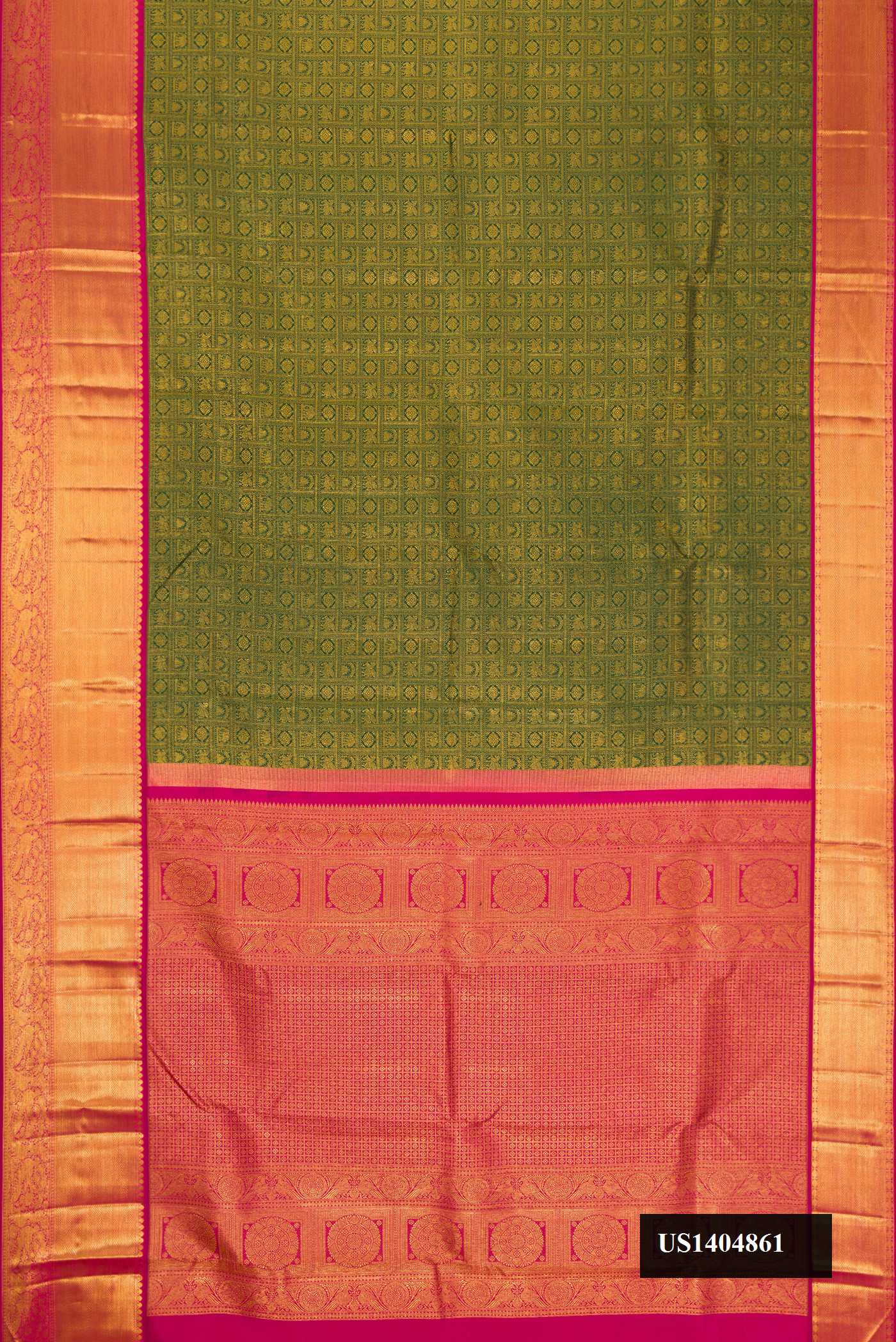 Green Dual Tone Kanchipuram Silk Saree with Zari Brocade on the body and Zari Border.  displayed on a mannequin