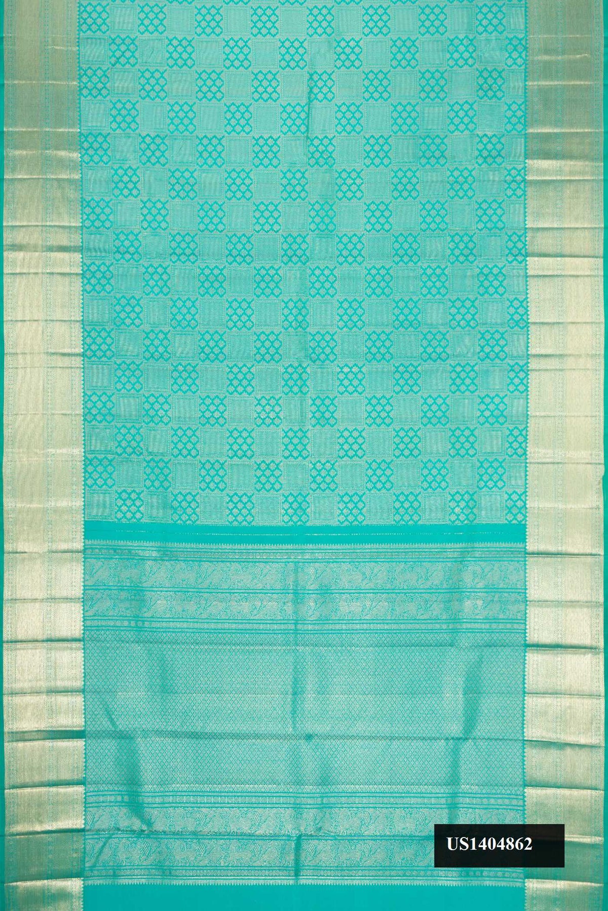 Sky Blue Dual Tone Kanchipuram Silk Saree with Zari Brocade on the body and Zari Border.  displayed on a mannequin