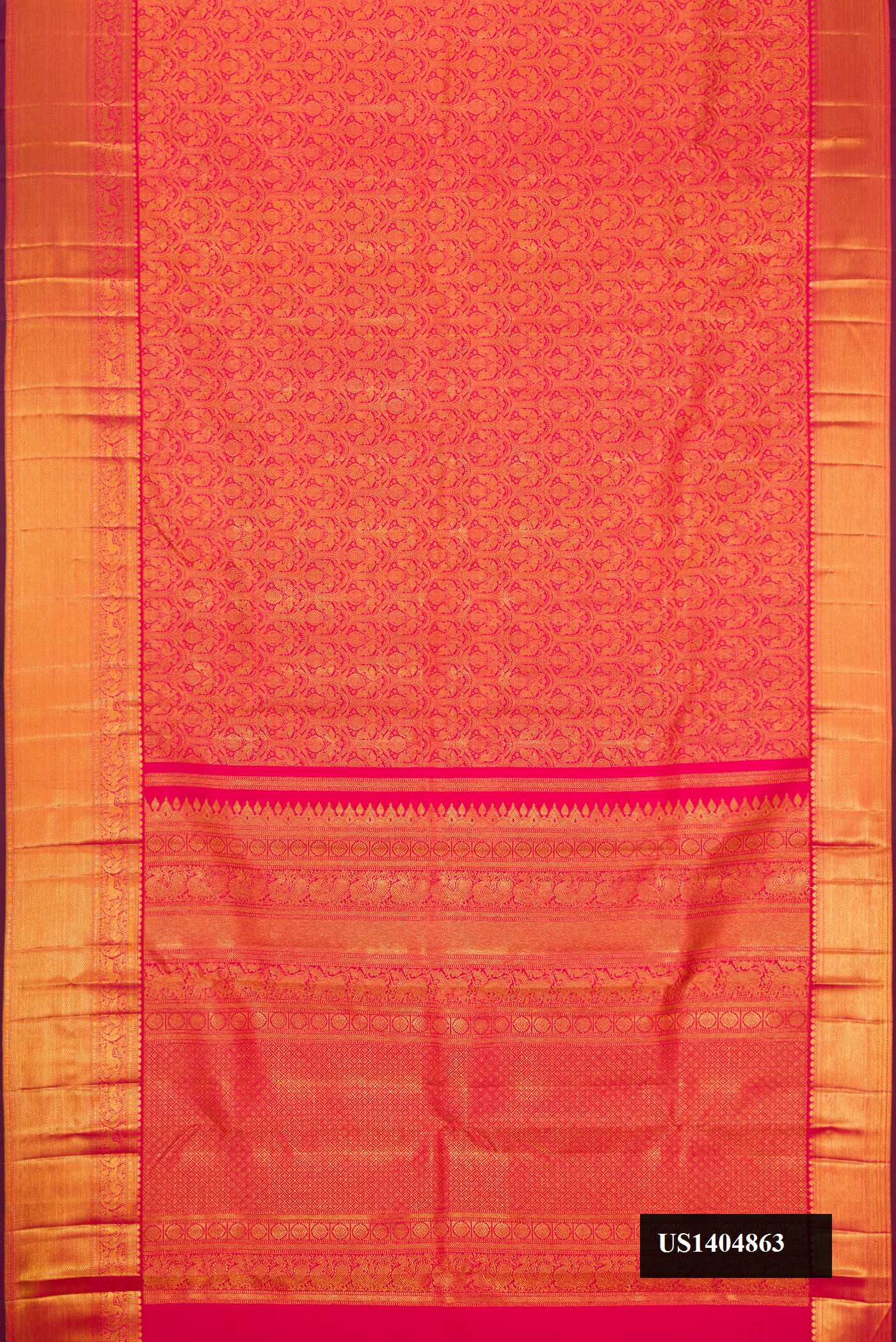 Dark Pink Dual Tone Kanchipuram Silk Saree with Zari Brocade on the body and Zari Border.  displayed on a mannequin