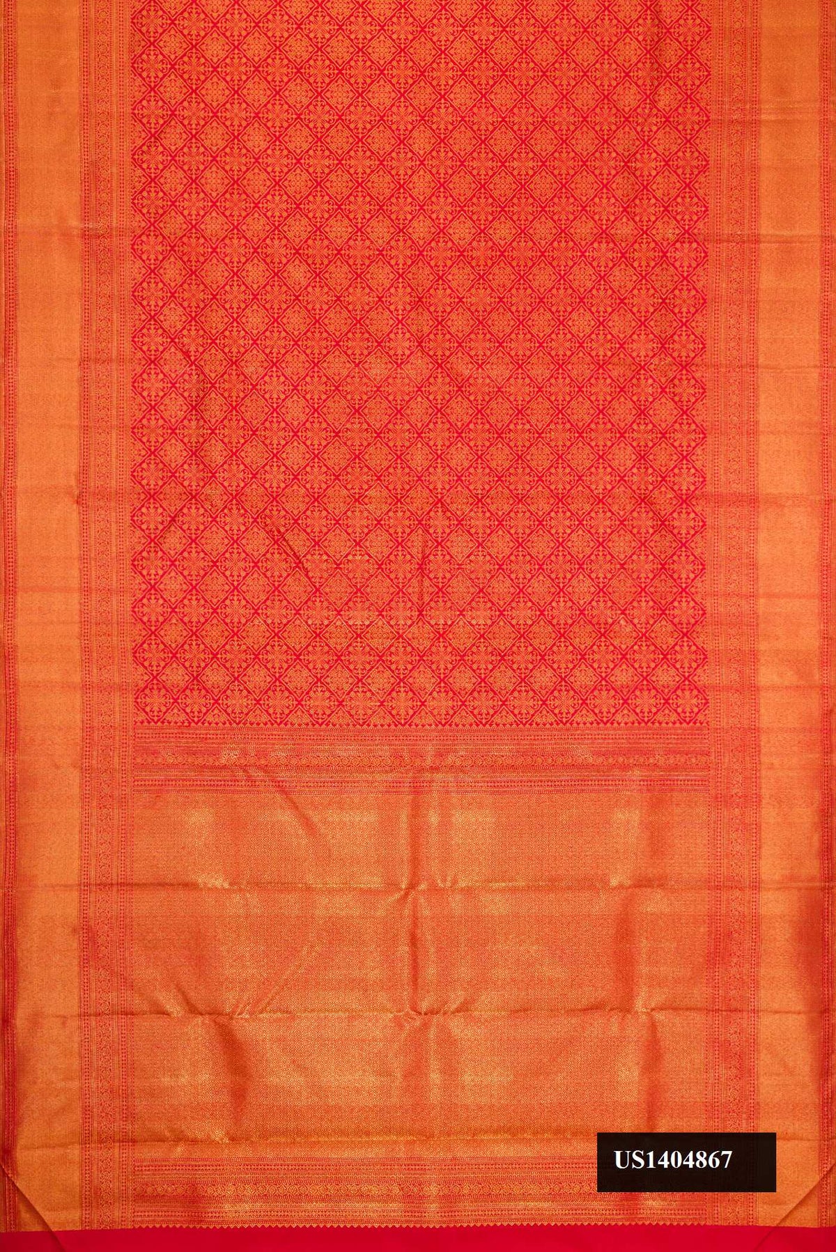 Red Dual Tone Kanchipuram Silk Saree with Zari Brocade on the body and Zari Border.  displayed on a mannequin