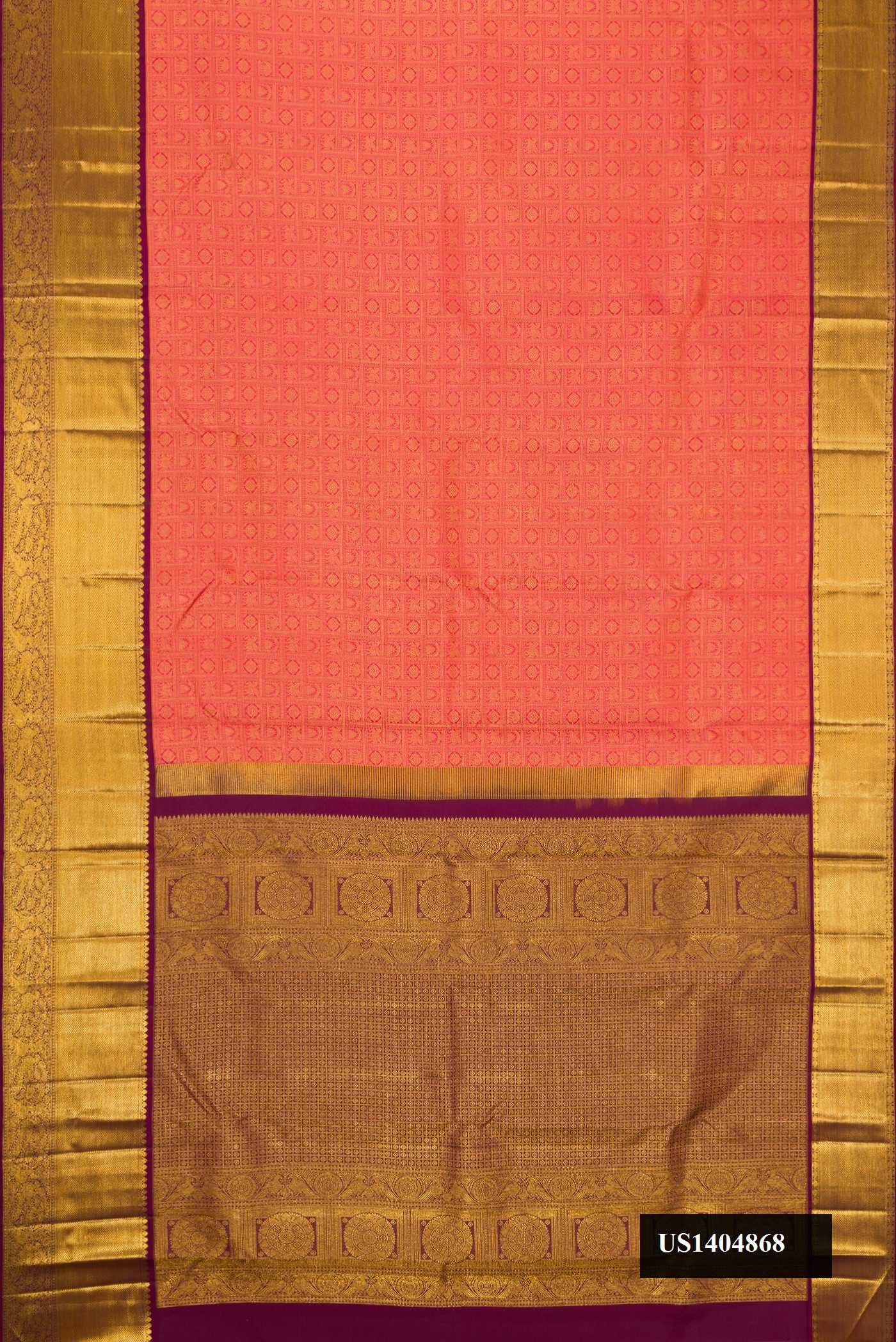 Brick Orange Dual Tone Kanchipuram Silk Saree with Zari Brocade on the body and Zari Border.  displayed on a mannequin