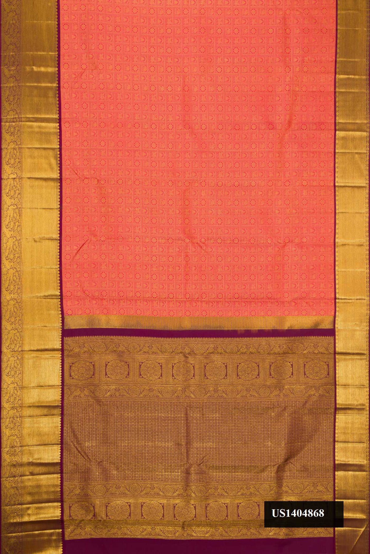 Brick Orange Dual Tone Kanchipuram Silk Saree with Zari Brocade on the body and Zari Border.  displayed on a mannequin