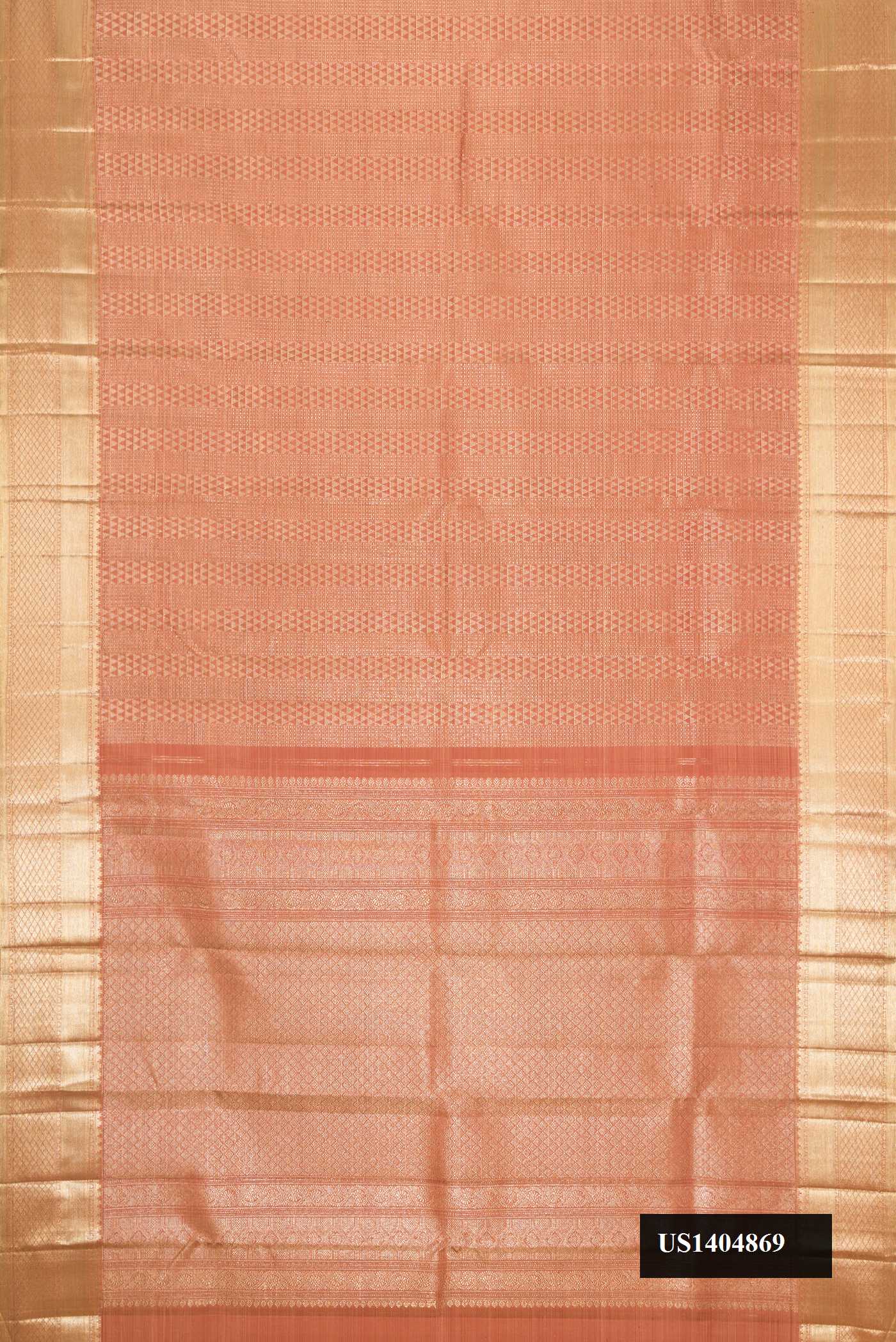 Rose Gold Dual Tone Kanchipuram Silk Saree with Zari Brocade on the body and Zari Border.  displayed on a mannequin