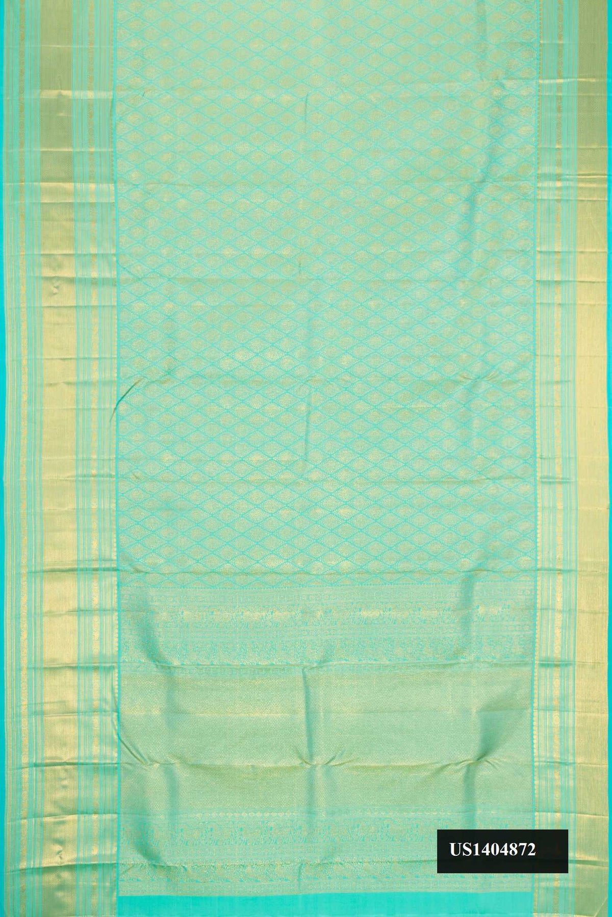 Sea Green Dual Tone Kanchipuram Silk Saree with Zari Brocade on the body and Zari Border.  displayed on a mannequin