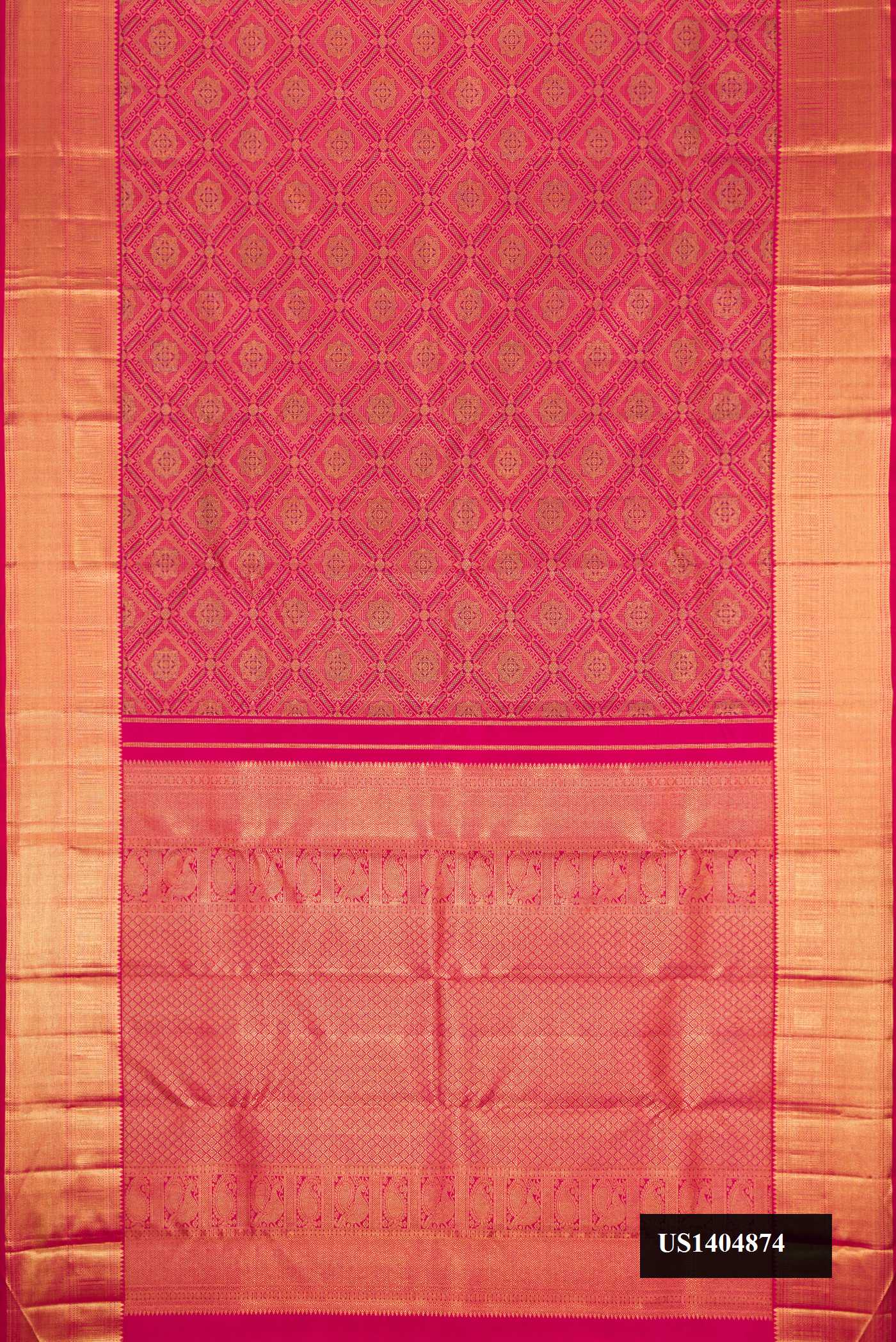 Dark Pink Dual Tone Kanchipuram Silk Saree with Zari Brocade on the body and Zari Border.  displayed on a mannequin
