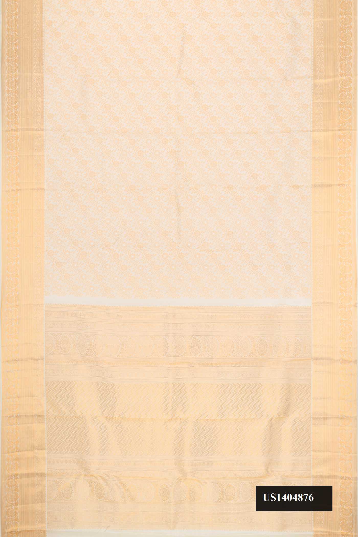 Off White Dual Tone Kanchipuram Silk Saree with Zari Brocade on the body and Zari Border.  displayed on a mannequin