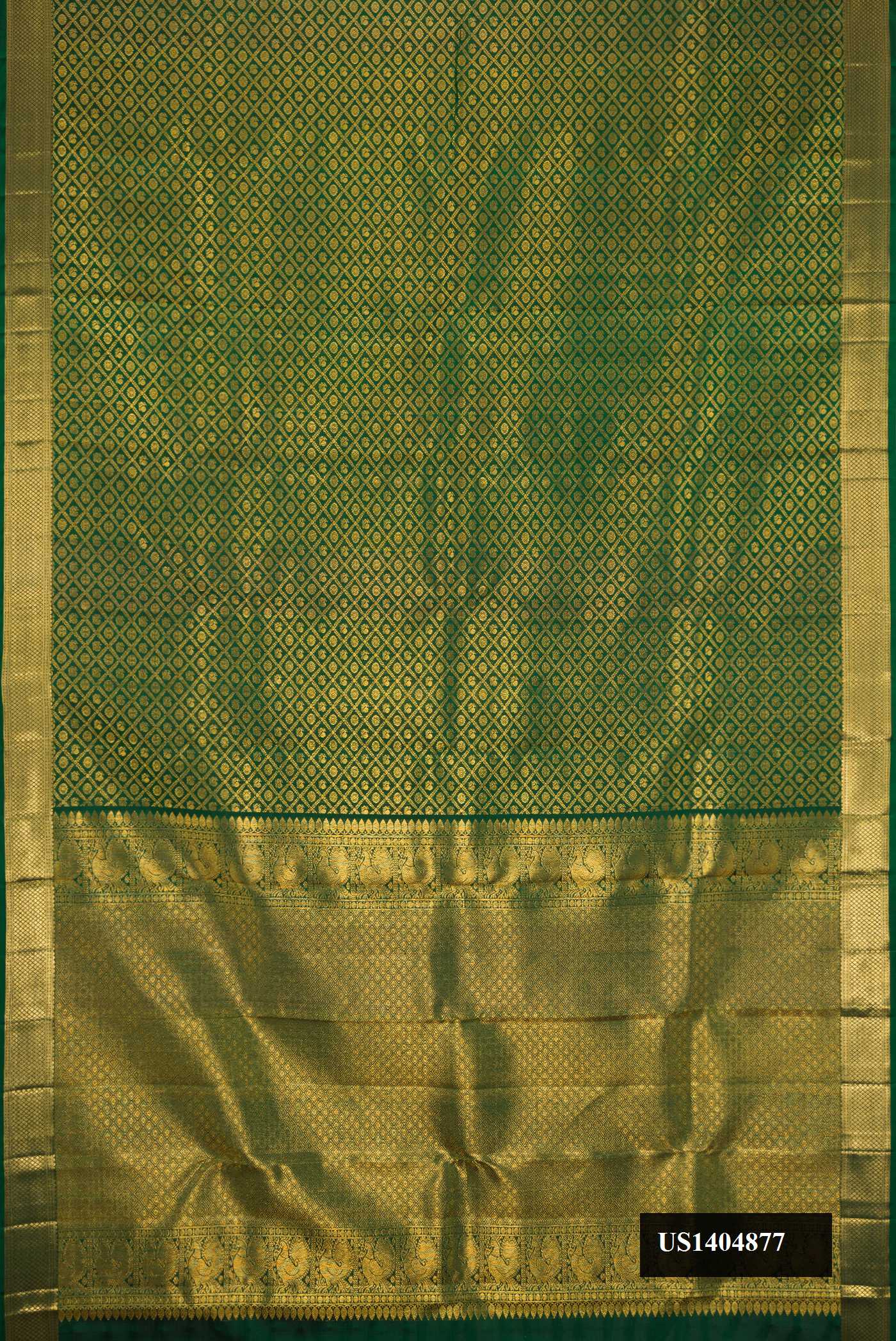 Green Dual Tone Kanchipuram Silk Saree with Zari Brocade on the body and Zari Border.  displayed on a mannequin