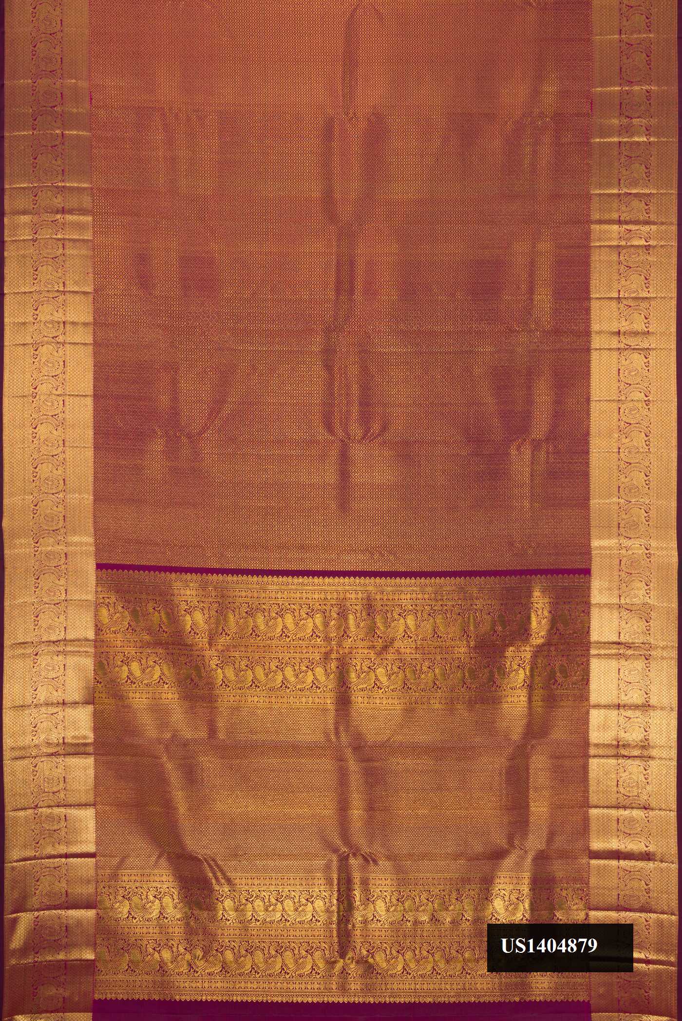 Burgundy Dual Tone Kanchipuram Silk Saree with Zari Brocade on the body and Zari Border.  displayed on a mannequin
