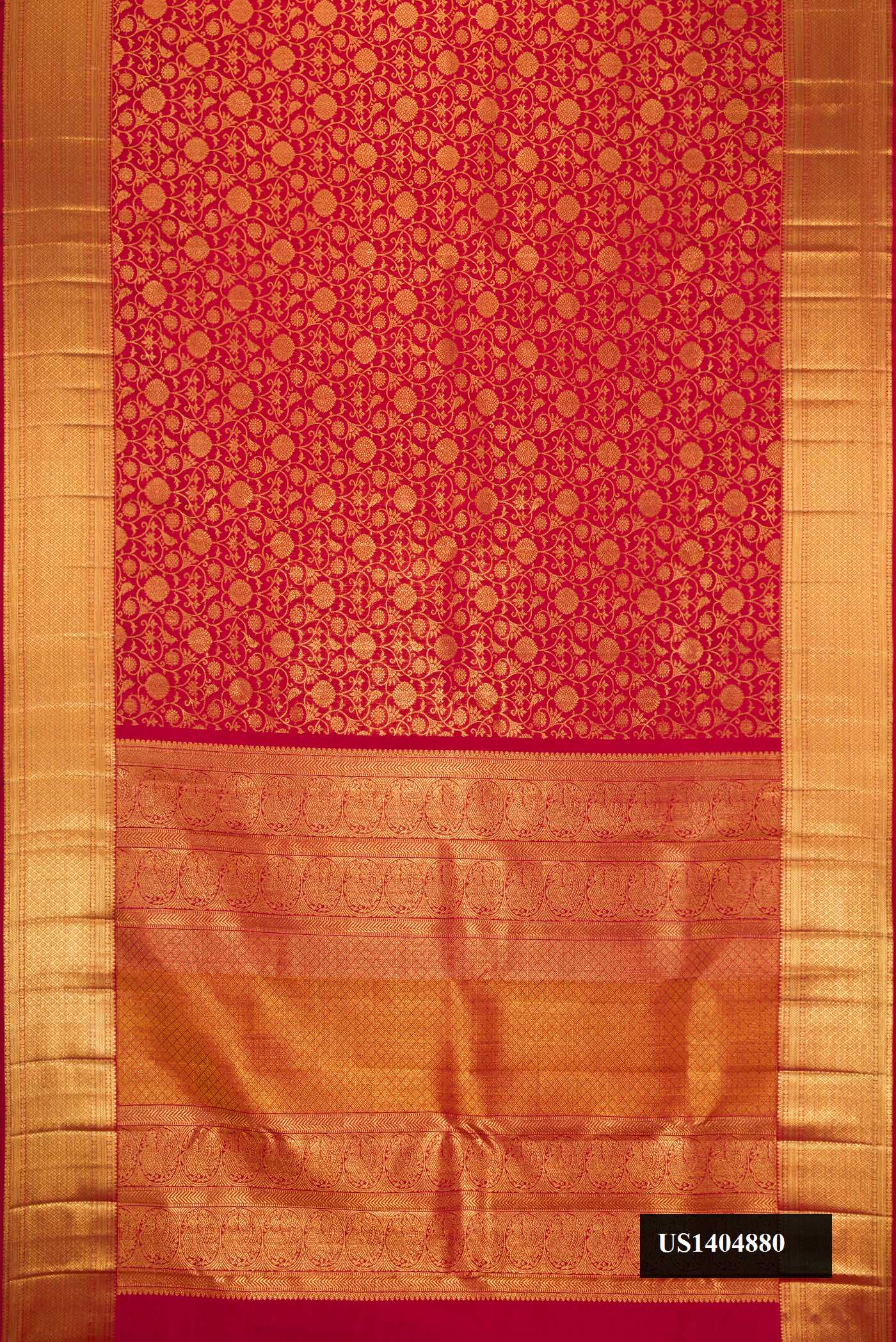 Maroon Dual Tone Kanchipuram Silk Saree with Zari Brocade on the body and Zari Border.  displayed on a mannequin
