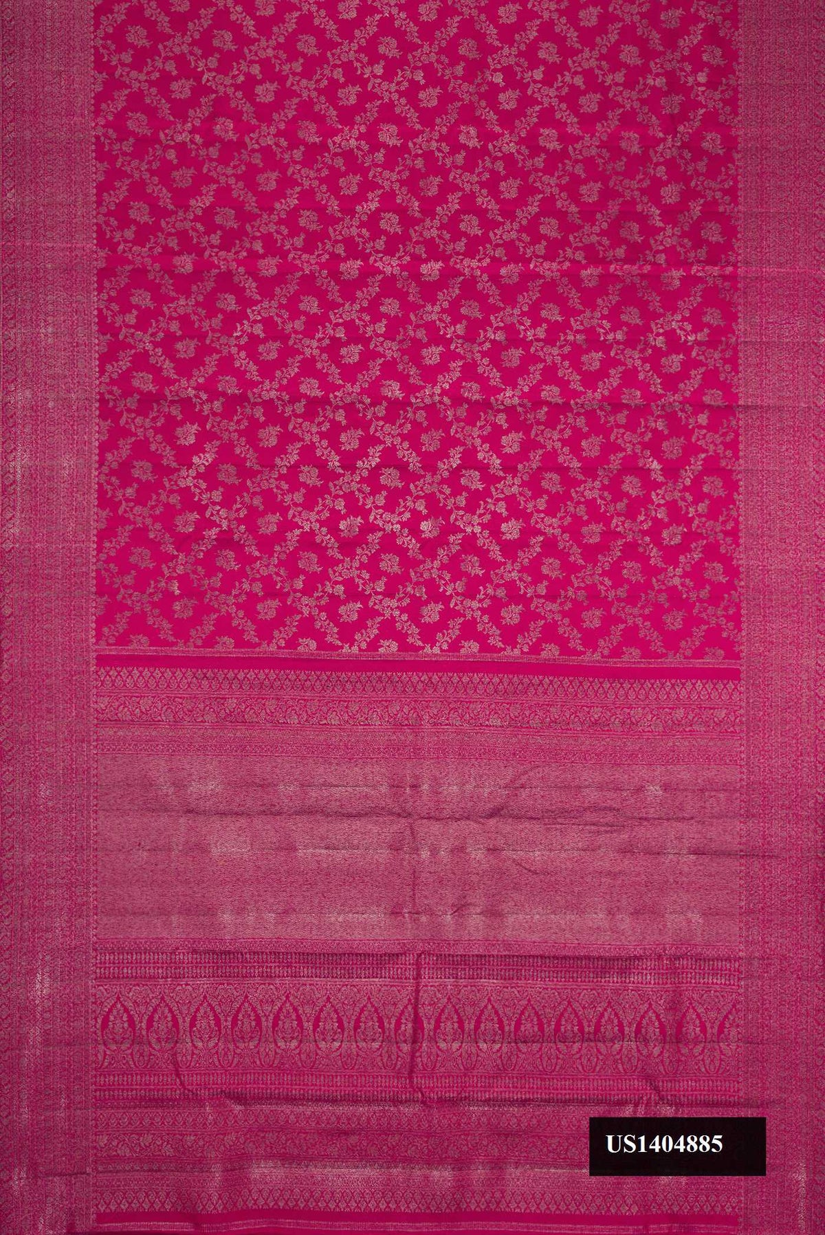 Rani Pink Dual Tone Kanchipuram Silk Saree with Zari Brocade on the body and Zari Border.  displayed on a mannequin