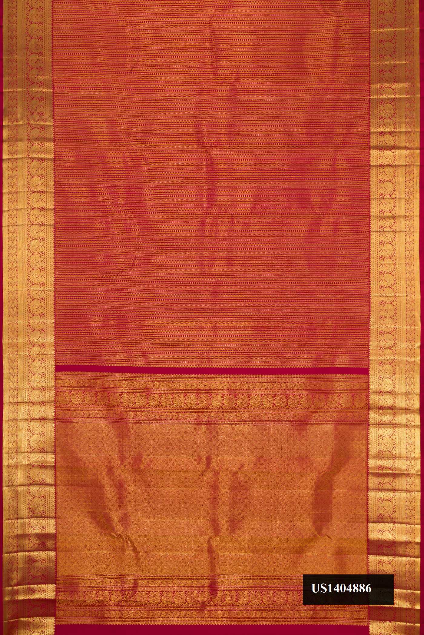 Dark Pink Dual Tone Kanchipuram Silk Saree with Zari Brocade on the body and Zari Border.  displayed on a mannequin