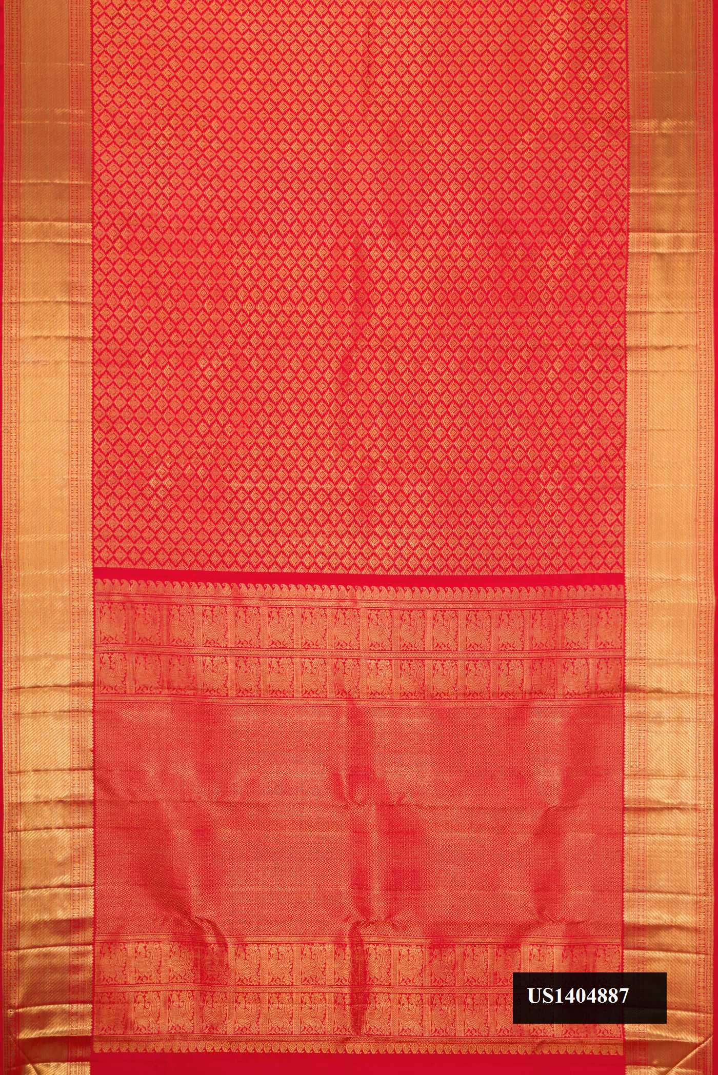 Red Dual Tone Kanchipuram Silk Saree with Zari Brocade on the body and Zari Border.  displayed on a mannequin