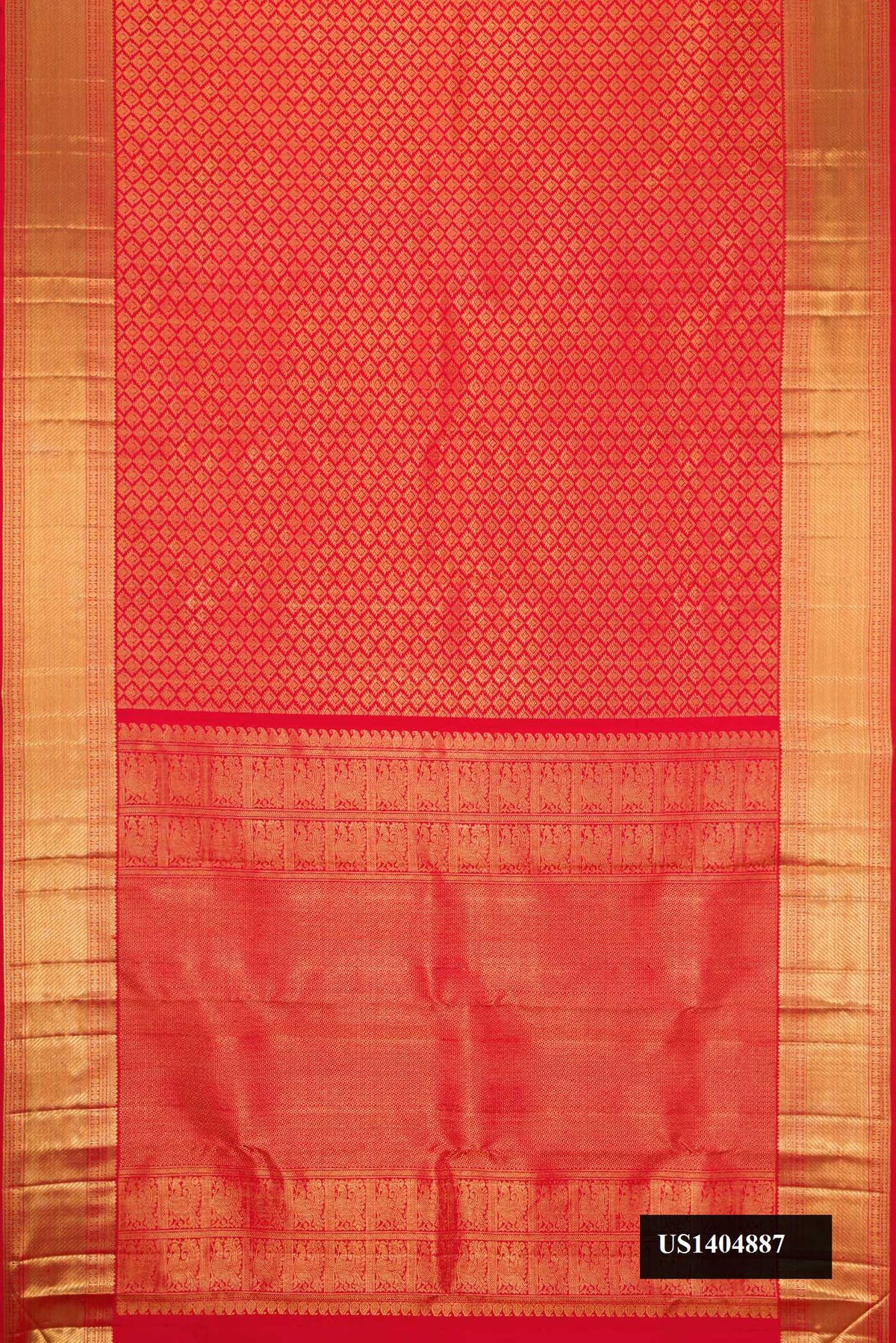 Red Dual Tone Kanchipuram Silk Saree with Zari Brocade on the body and Zari Border.  displayed on a mannequin