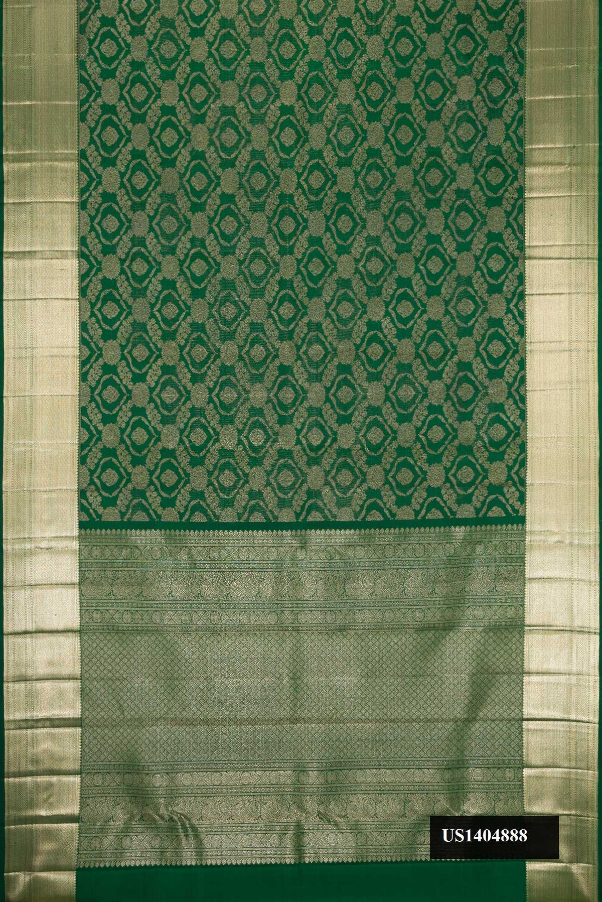 Bottle Green Dual Tone Kanchipuram Silk Saree with Zari Brocade on the body and Zari Border.  displayed on a mannequin
