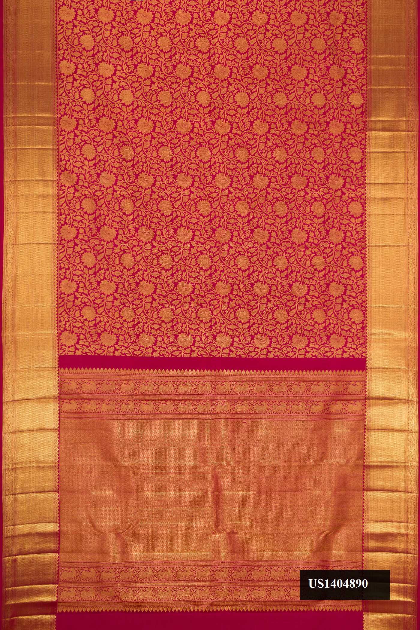 Maroon Dual Tone Kanchipuram Silk Saree with Zari Brocade on the body and Zari Border.  displayed on a mannequin