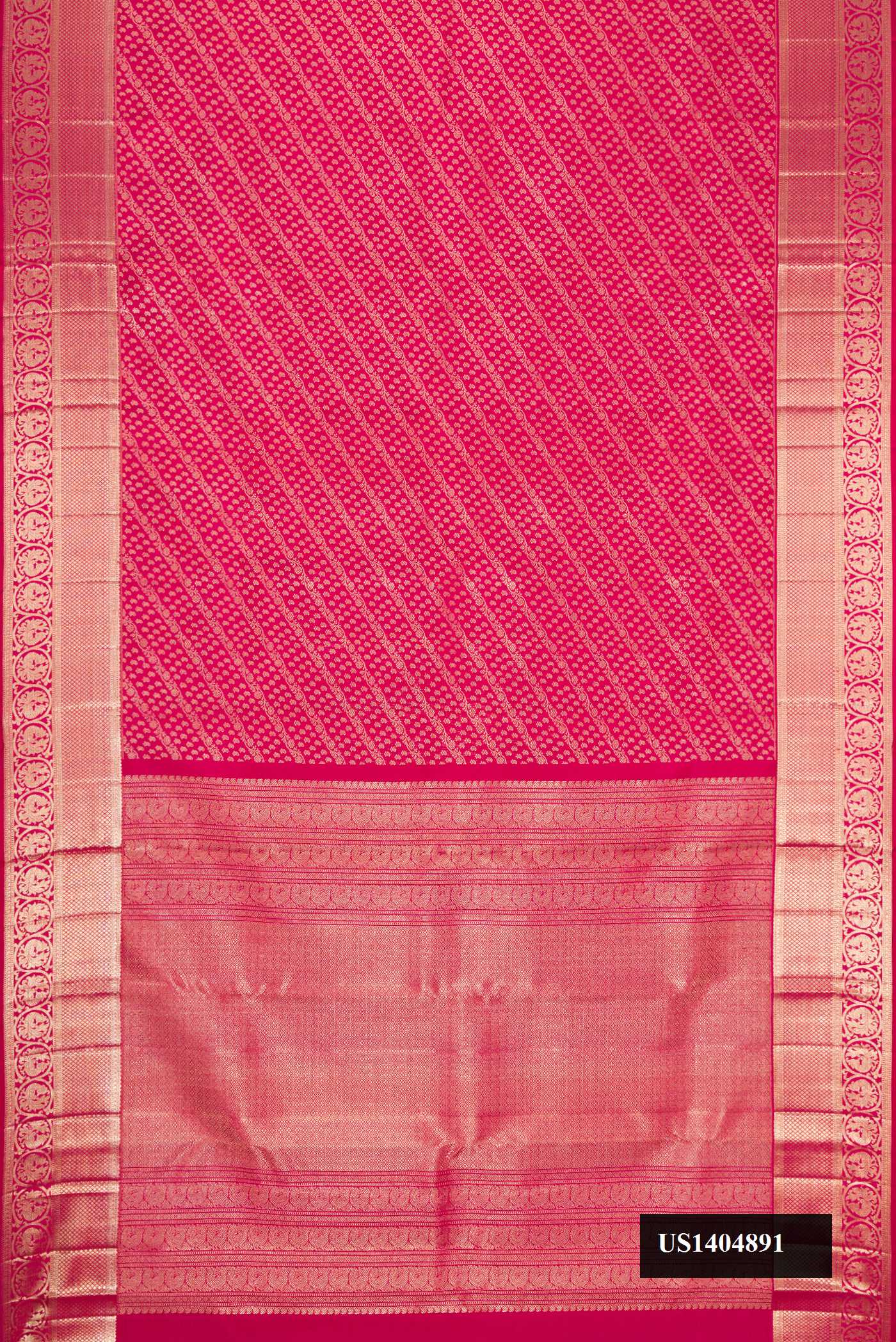 Magenta Dual Tone Kanchipuram Silk Saree with Zari Brocade on the body and Zari Border.  displayed on a mannequin