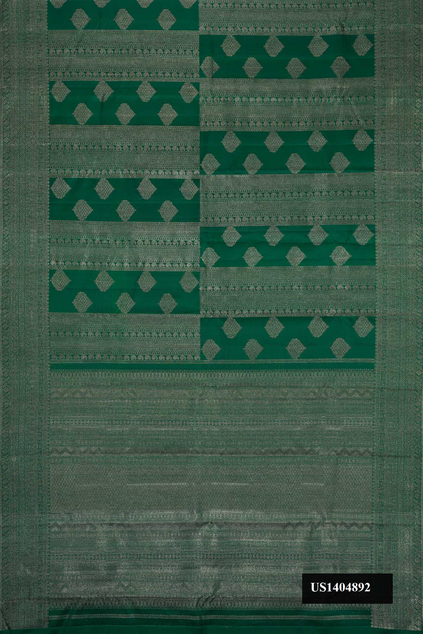 Bottle Green Dual Tone Kanchipuram Silk Saree with Zari Brocade on the body and Zari Border.  displayed on a mannequin