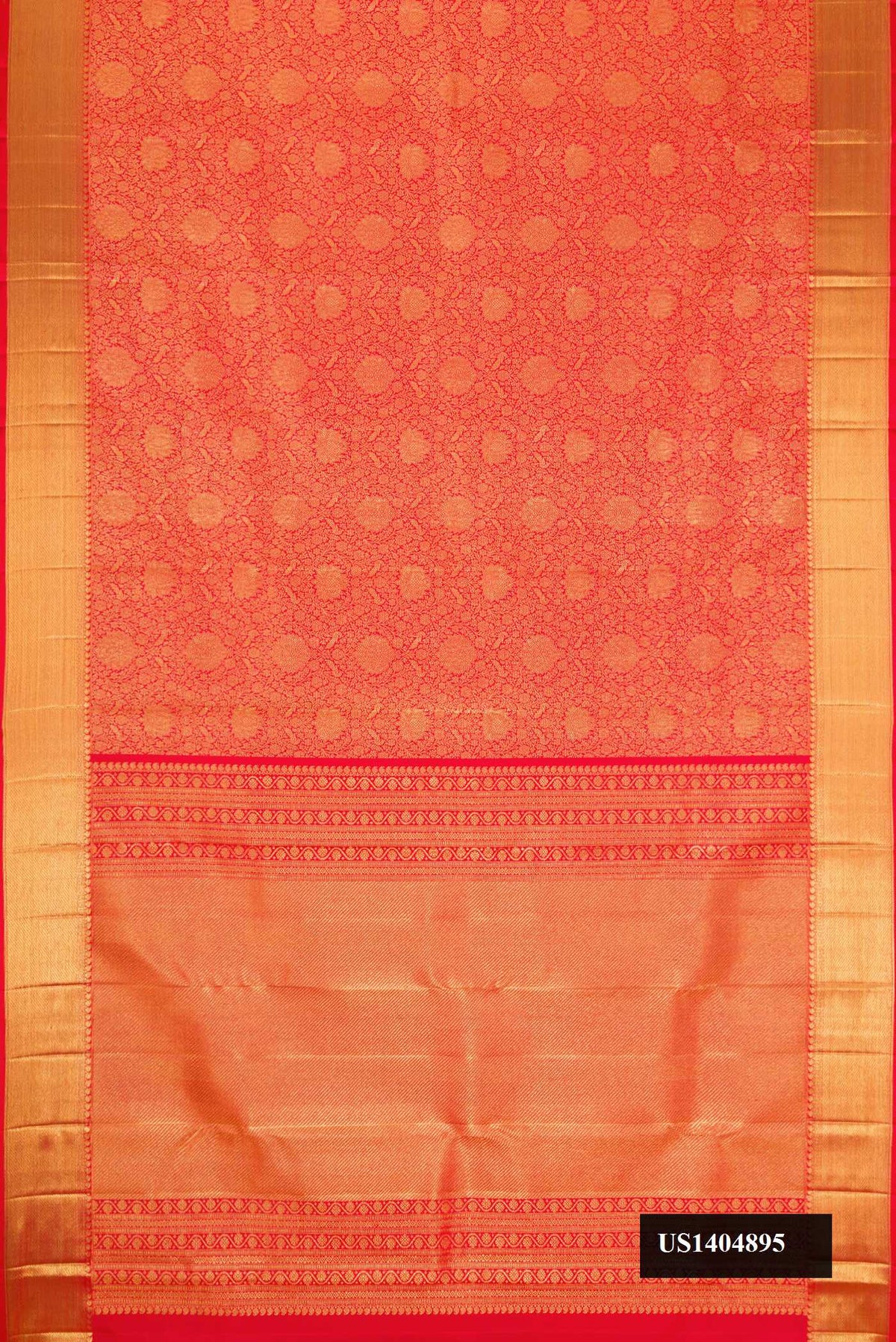 Red Dual Tone Kanchipuram Silk Saree with Zari Brocade on the body and Zari Border.  displayed on a mannequin