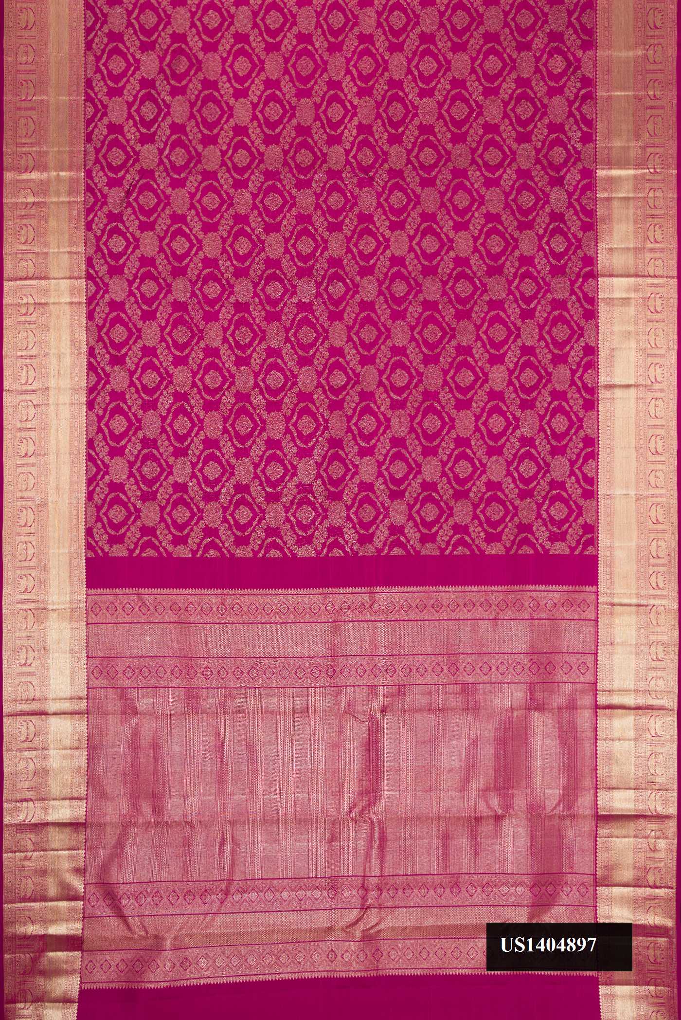Magenta Dual Tone Kanchipuram Silk Saree with Zari Brocade on the body and Zari Border.  displayed on a mannequin