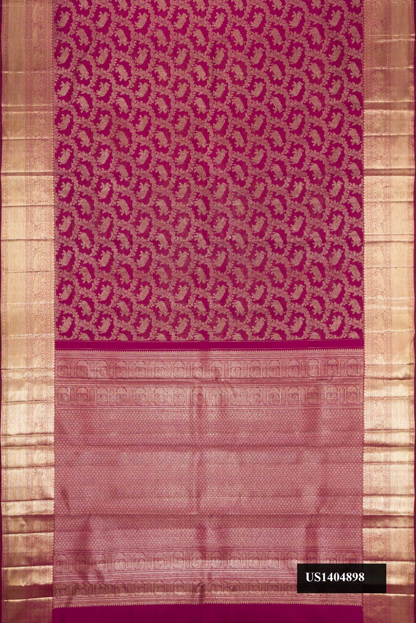 Magenta Dual Tone Kanchipuram Silk Saree with Zari Brocade on the body and Zari Border.  displayed on a mannequin