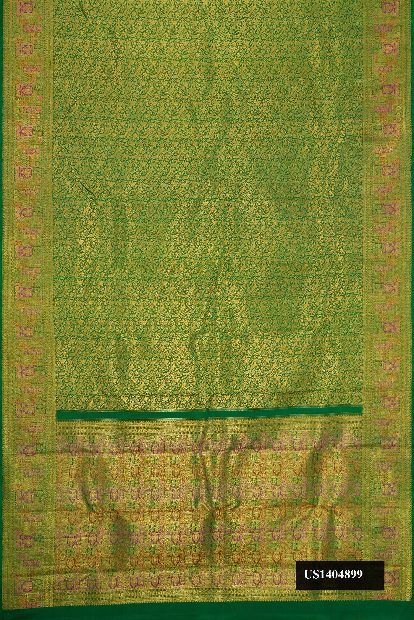 Green Dual Tone Kanchipuram Silk Saree with Zari Brocade on the body and Zari And Thread Border.  displayed on a mannequin