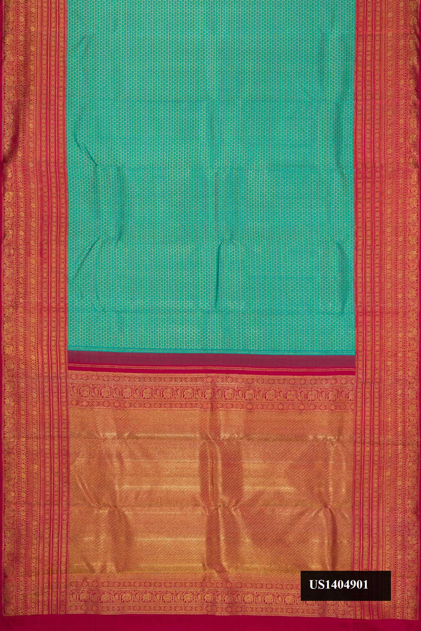 Sea Green Dual Tone Kanchipuram Silk Saree with Zari Brocade on the body and Zari Border.  displayed on a mannequin