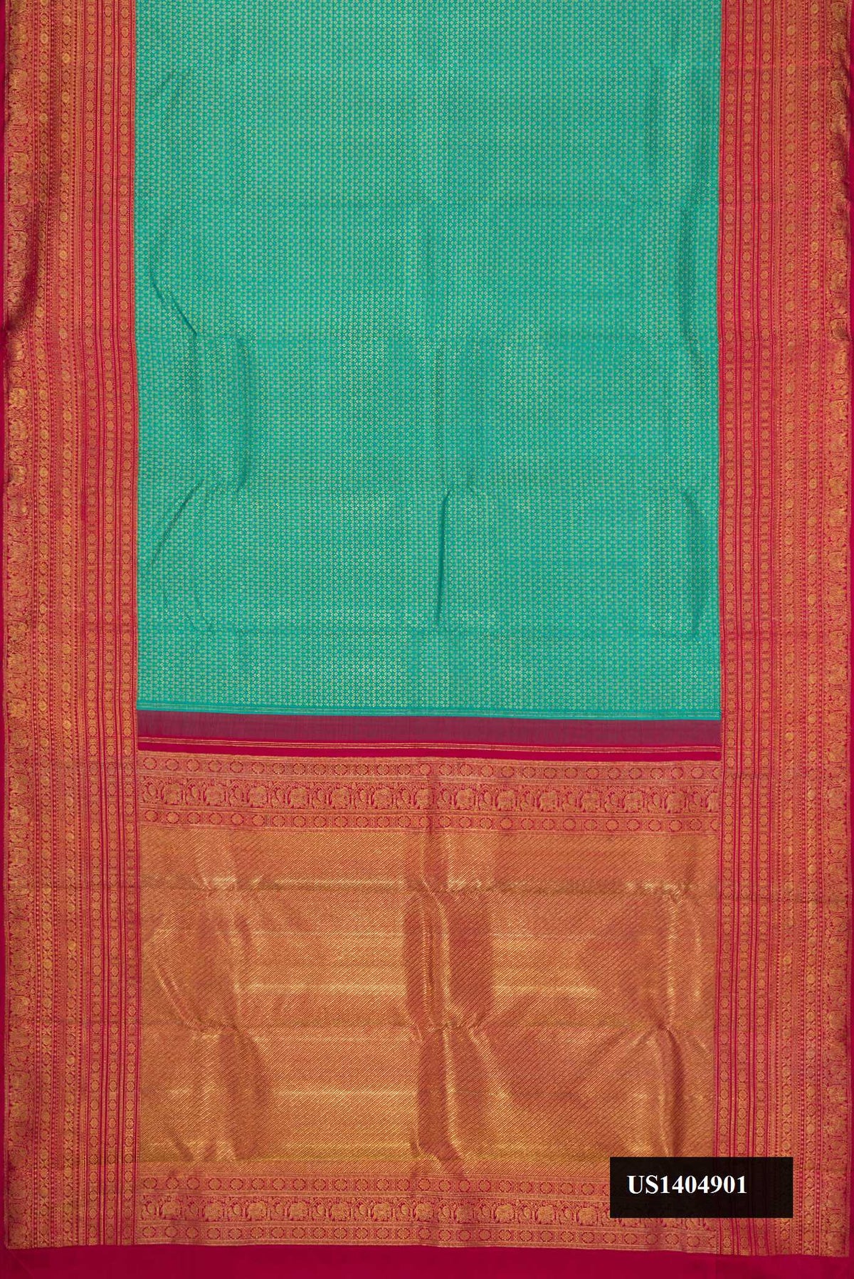 Sea Green Dual Tone Kanchipuram Silk Saree with Zari Brocade on the body and Zari Border.  displayed on a mannequin