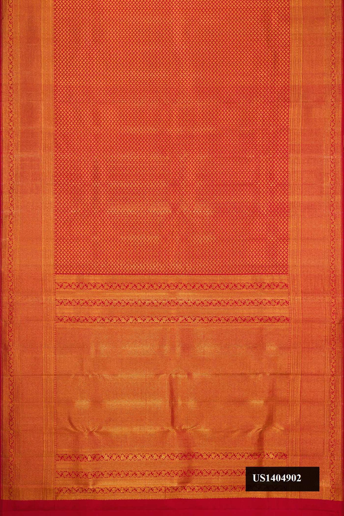 Red Dual Tone Kanchipuram Silk Saree with Zari Brocade on the body and Zari Border.  displayed on a mannequin