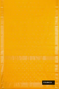 Yellow Dual Tone Kanchipuram Silk Saree with Stripes on the body and Zari Border.  displayed on a mannequin