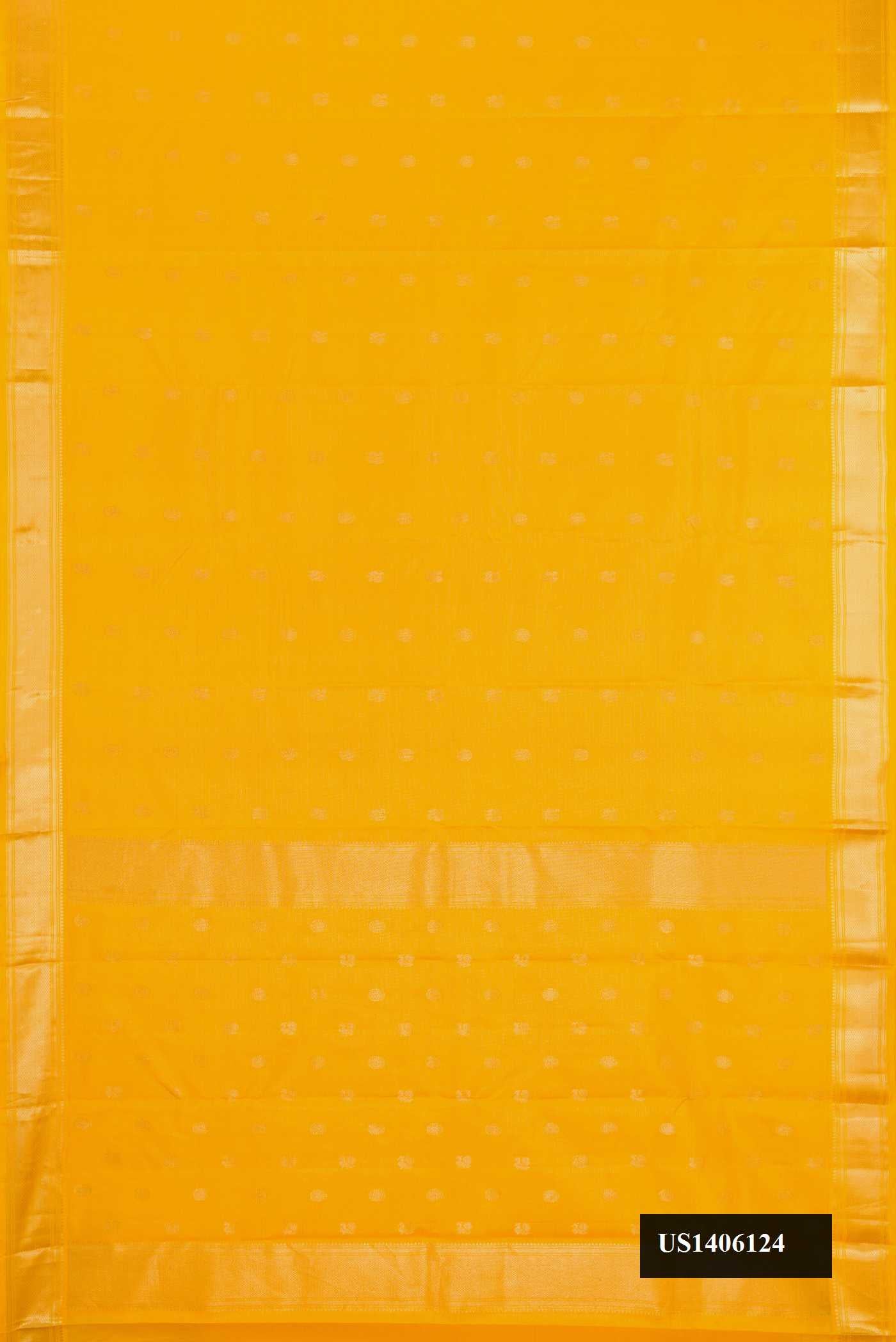 Yellow Dual Tone Kanchipuram Silk Saree with Stripes on the body and Zari Border.  displayed on a mannequin