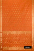 Orange Dual Tone Kanchipuram Silk Saree with Stripes on the body and Zari Border.  displayed on a mannequin