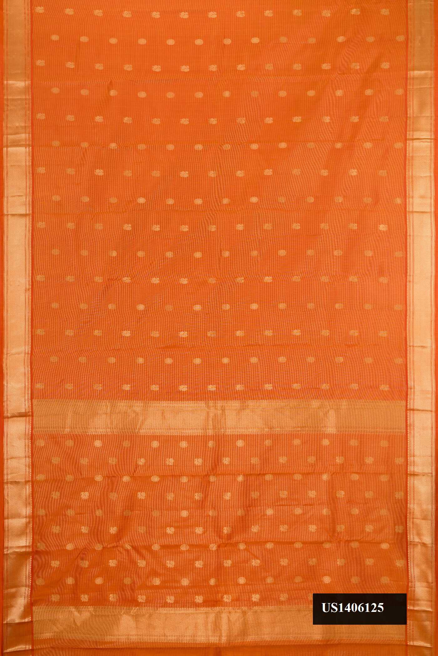 Orange Dual Tone Kanchipuram Silk Saree with Stripes on the body and Zari Border.  displayed on a mannequin
